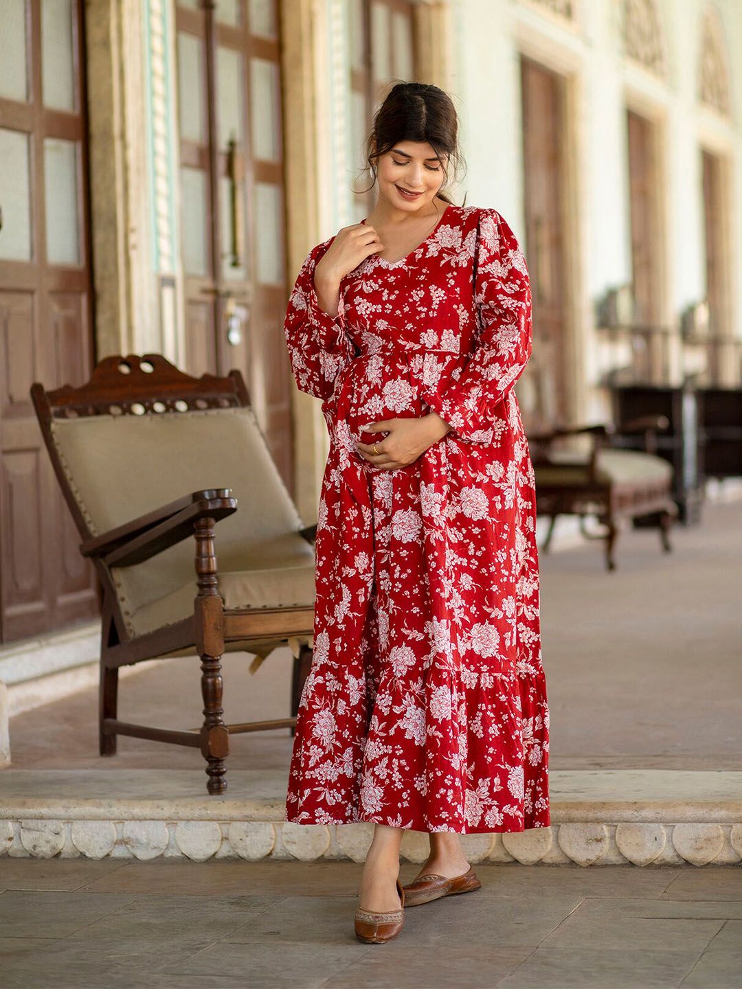 Nayo Floral Printed V Neck Maternity Cotton Maxi Dress-picture-28