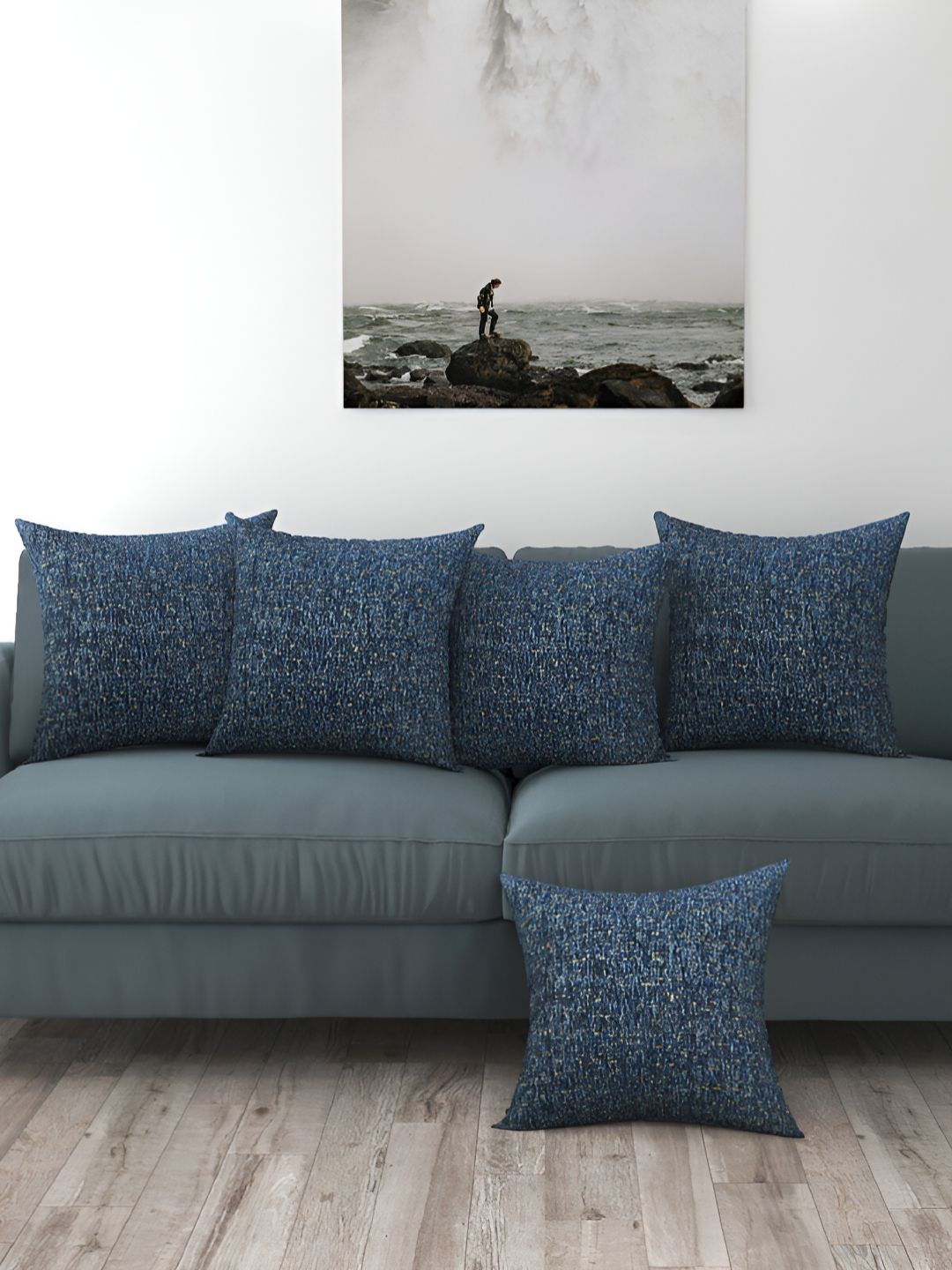 BIGGER FISH Blue 5 Pieces Printed Velvet Square Cushion Covers-image-36