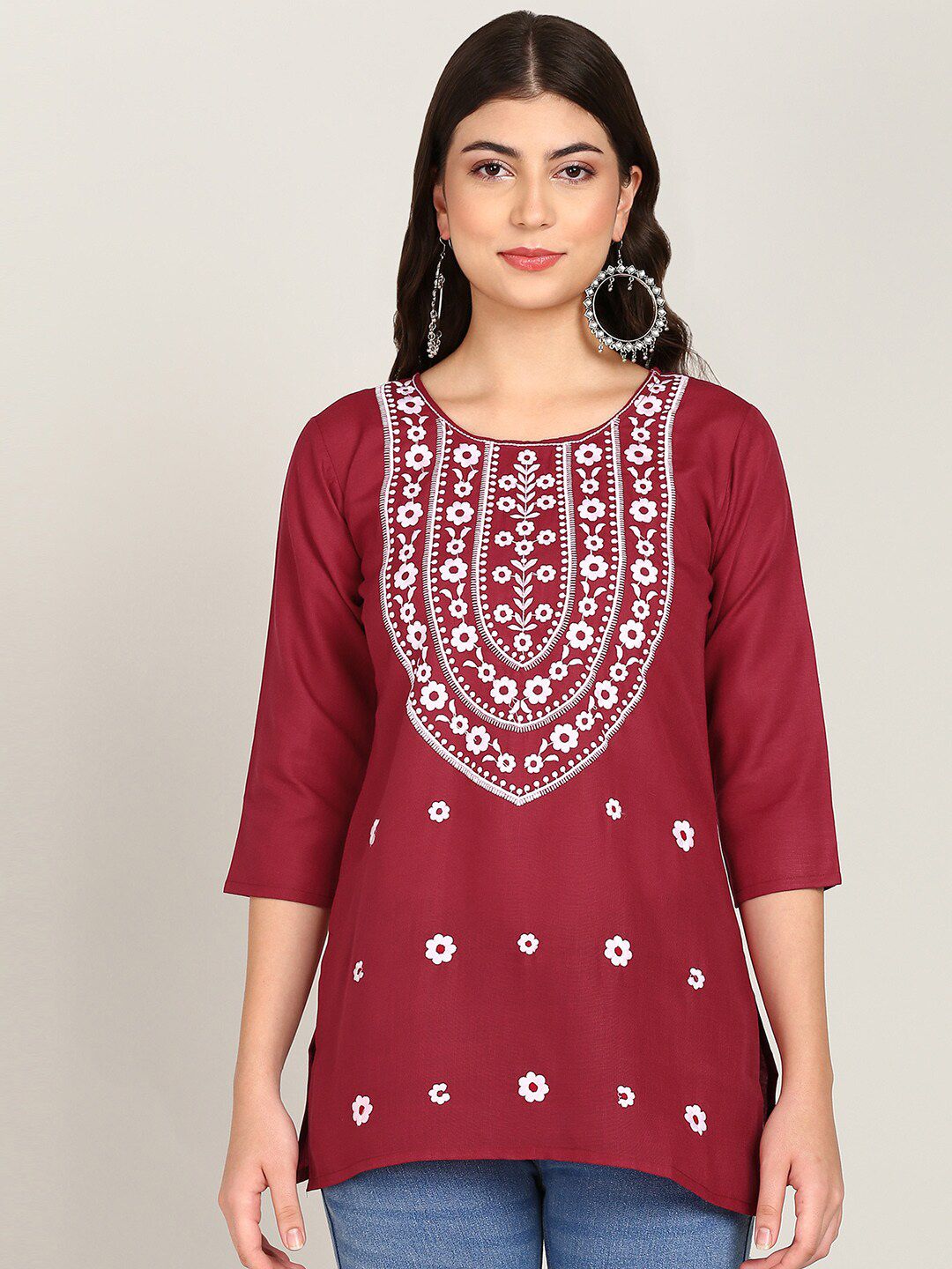 TOP N THREAD Floral Embroidered Round Neck Three-Quarter Sleeves Chikankari Kurti-picture-39