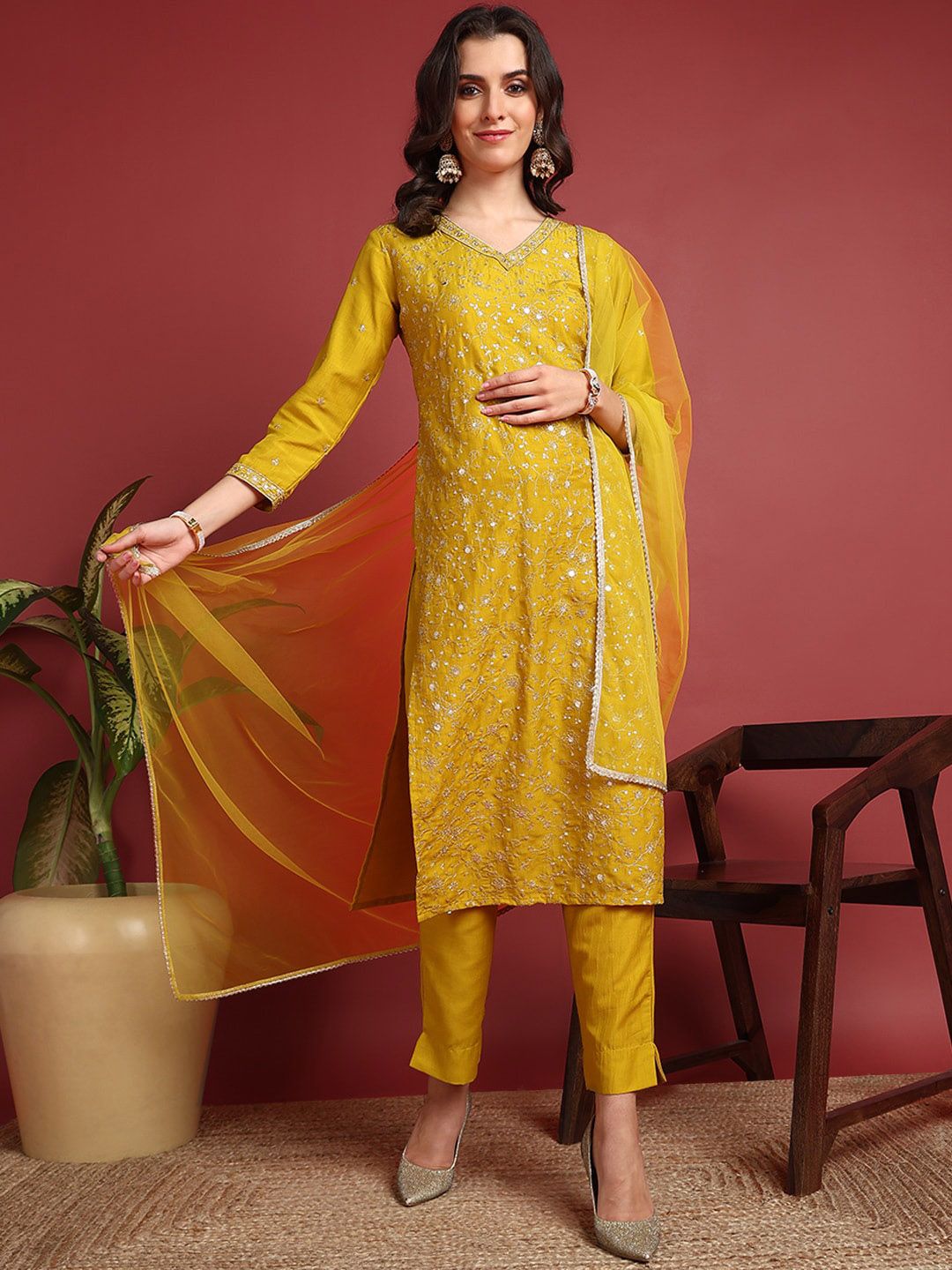 AHIKA V-Neck Embroidered Regular Sequinned Kurta with Trousers & Dupatta-picture-35