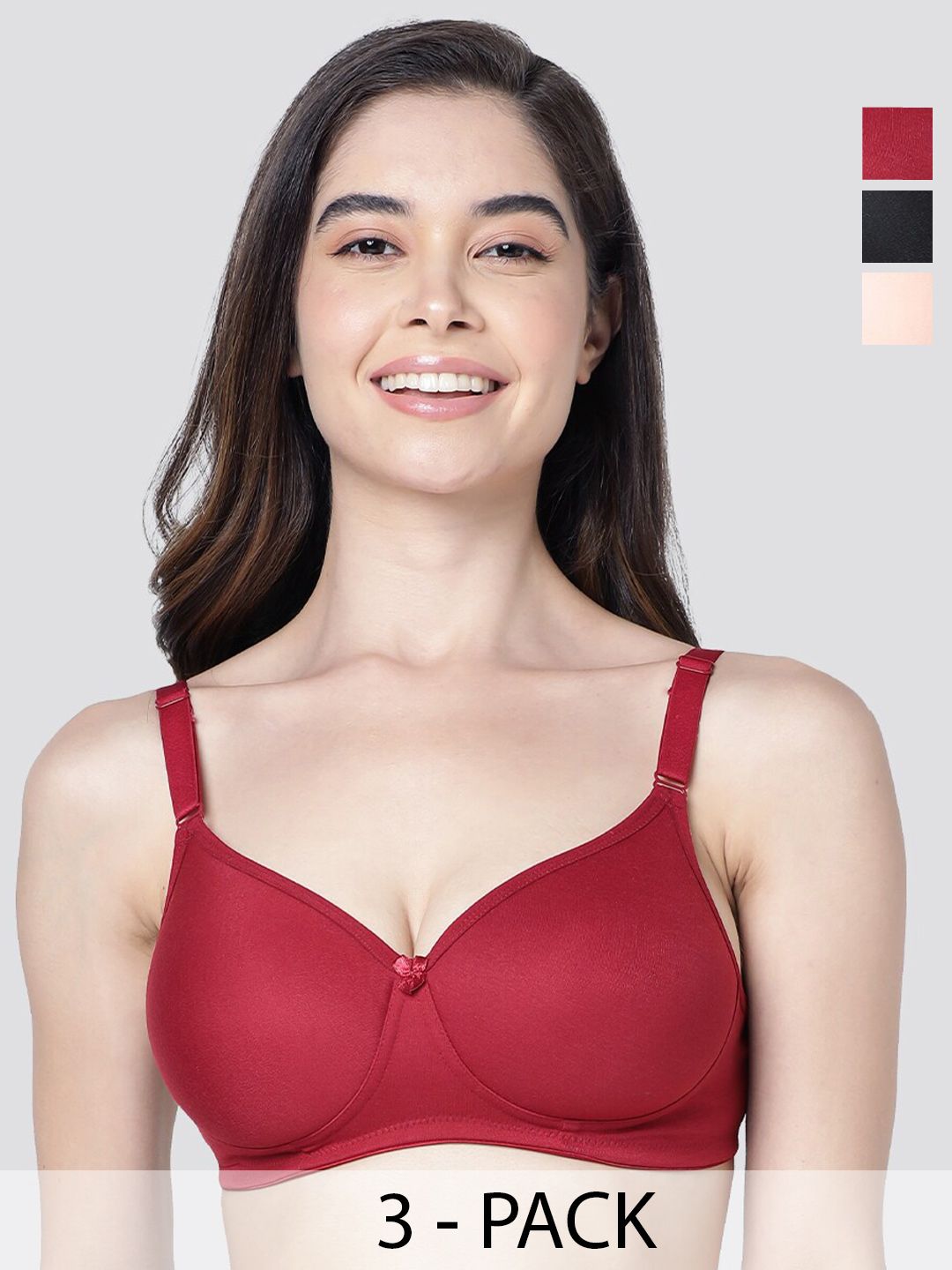 Kalyani Cherry Pack of 3 Lightly Padded Seamless T-Shirt Bra MRN-BLK-PCH