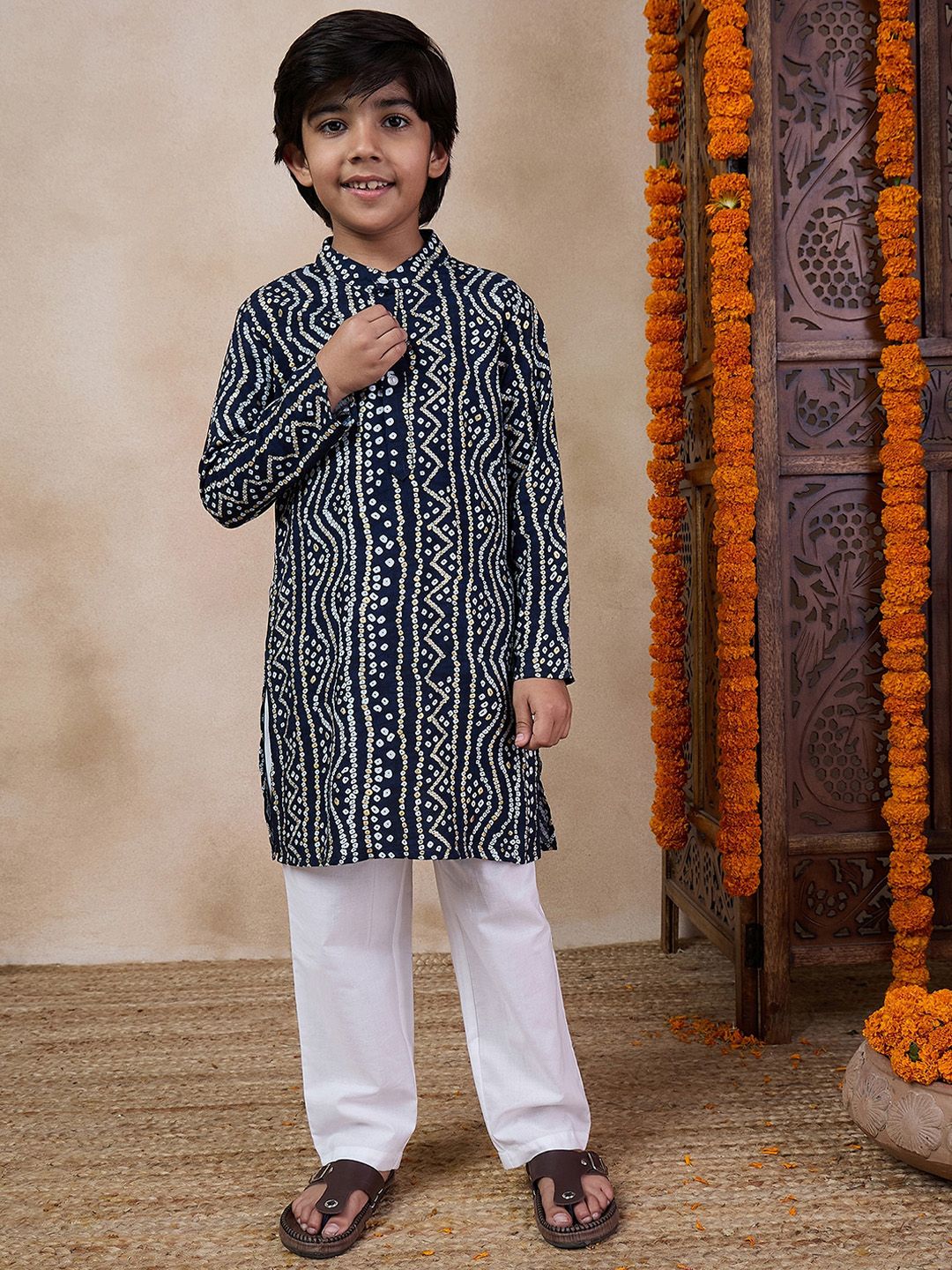 pspeaches Boys Bandhani Printed Band Collar Kurta with Pyjamas-picture-16