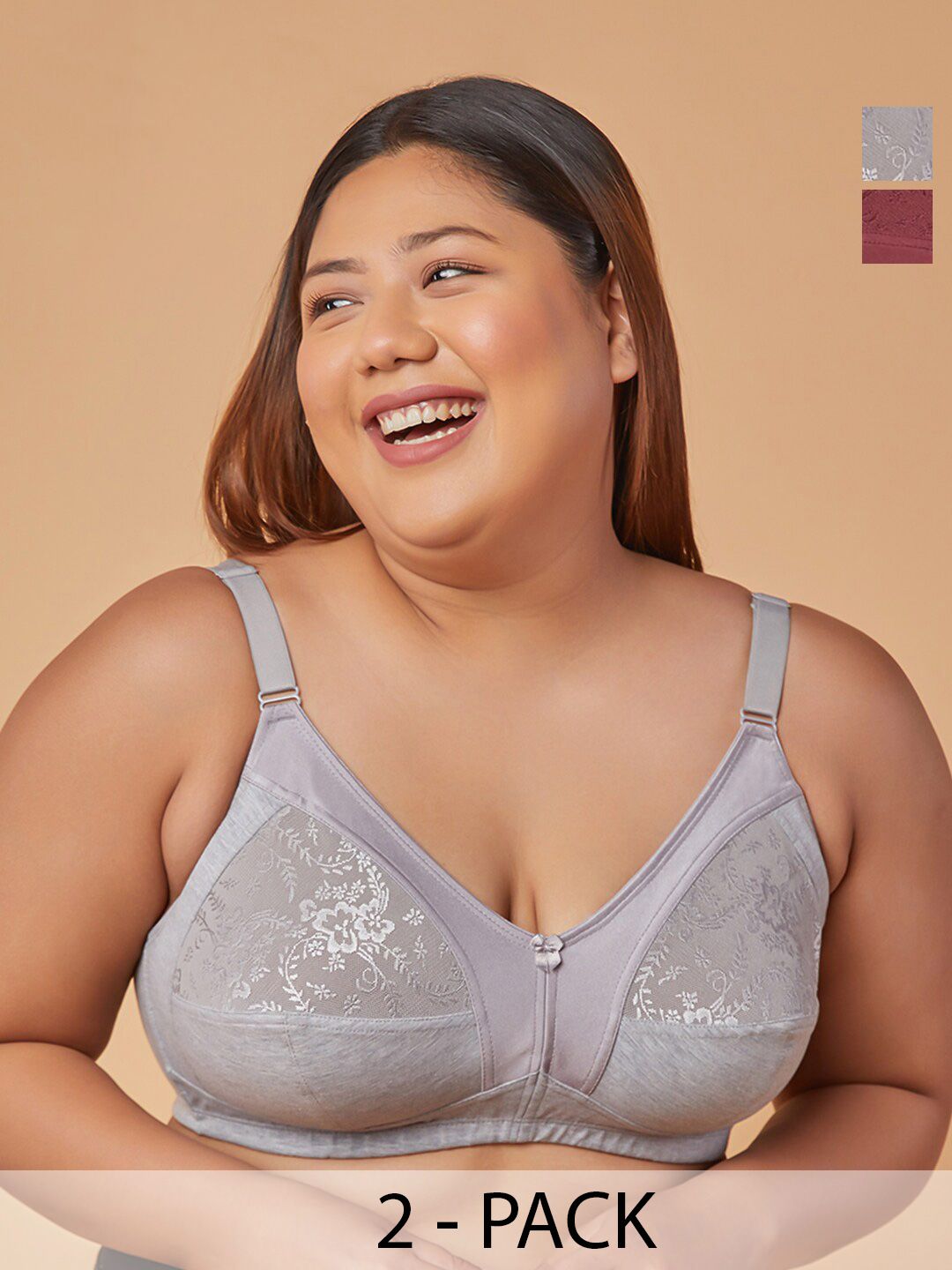 MAASHIE Pack of 2 M Frame Full Coverage Non Padded Lace Bra GRY-WNE