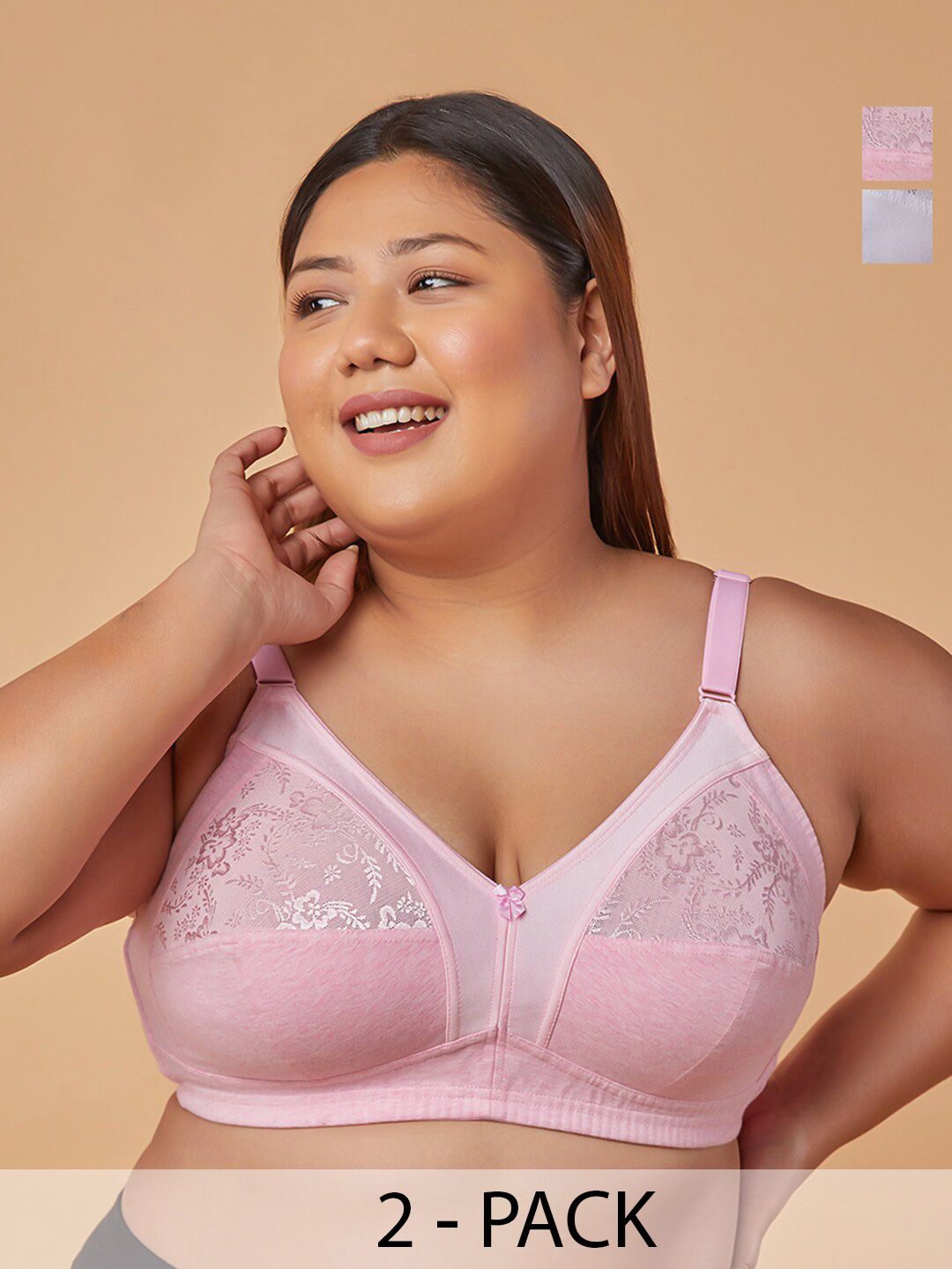 MAASHIE Pack of 2 M Frame Full Coverage Non Padded Lace Bra PNK-WH