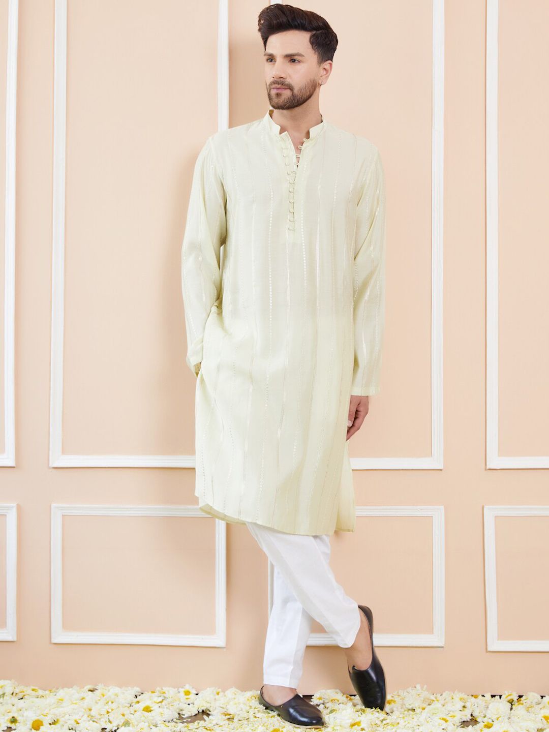 See Designs Striped Embroidered Thread Work Chanderi Silk Straight Kurta With Pyjamas-picture-39