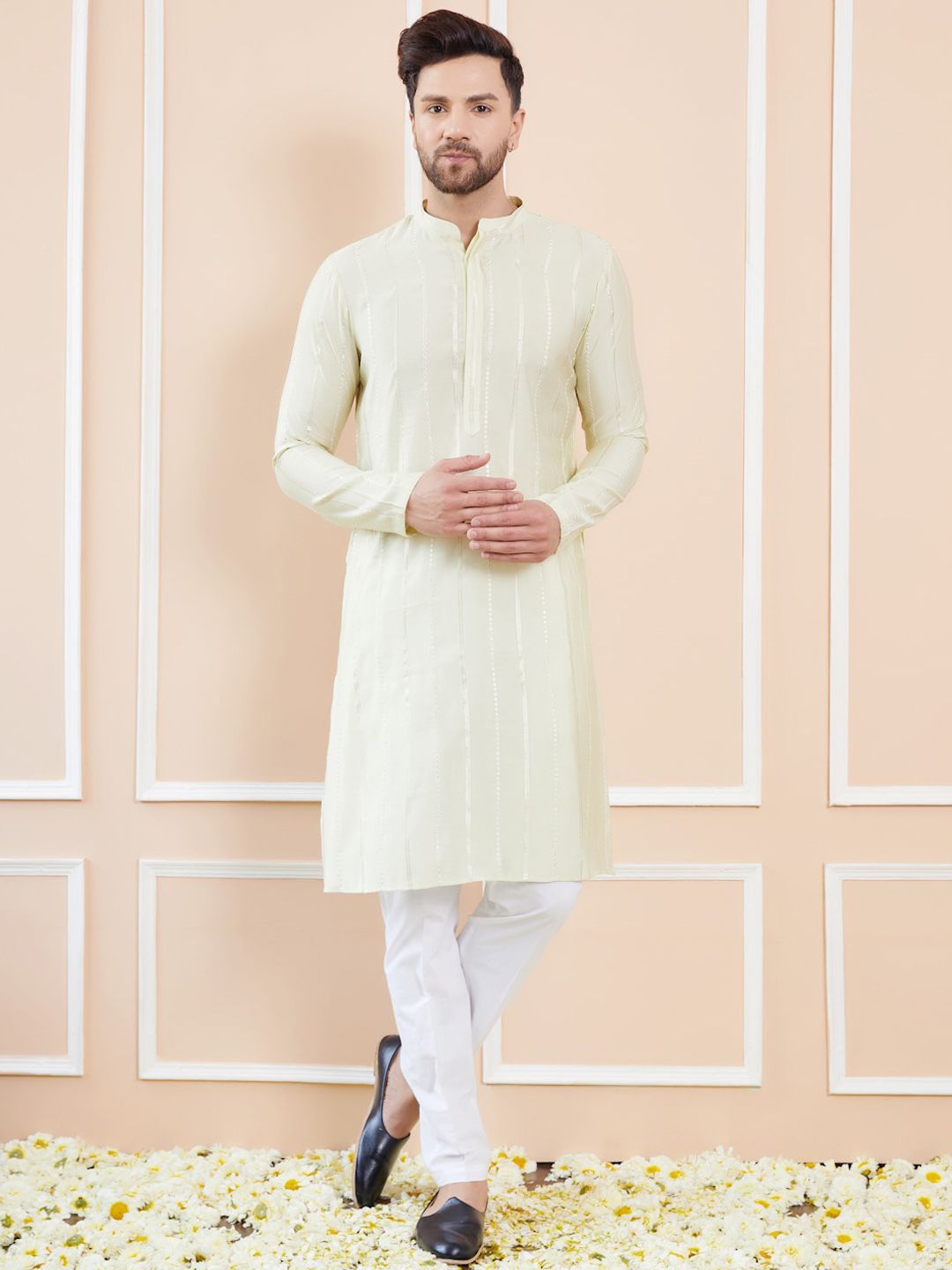 See Designs Striped Embroidered Thread Work Chanderi Silk Straight Kurta With Pyjamas-picture-43