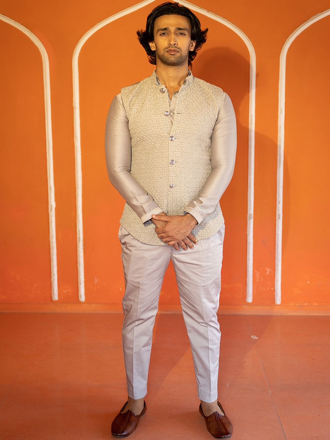 KAAJ BUTTON Self Designed 3 Piece Bandhgala Suit-picture-12