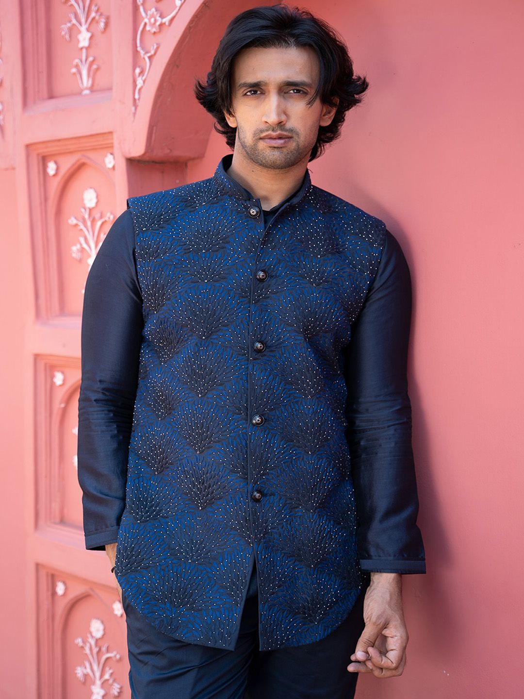 KAAJ BUTTON Floral Embroidered Straight Angrakha Mandarin Collar A-Line Kurta With Pyjama-picture-28