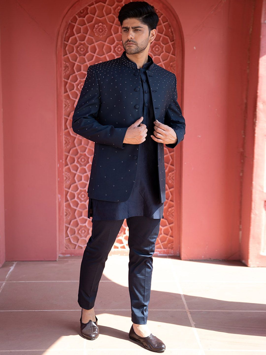 KAAJ BUTTON Abstract Printed Mandarin Collar Chanderi Silk Straight Kurta With Trouser-picture-23