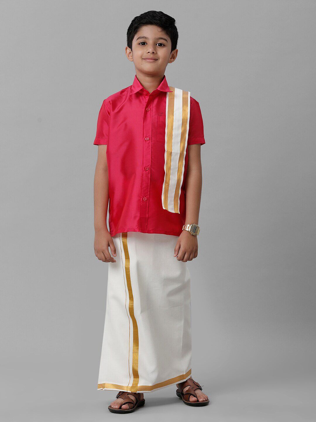 Ramraj Boys Slik Cotton Shirt with Golden Zari Dhoti & Angavastram-picture-26