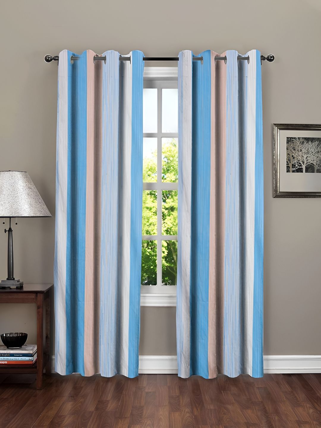 RRC Blue & White 2 Pieces Striped Room Darkening Door Curtain-picture-13