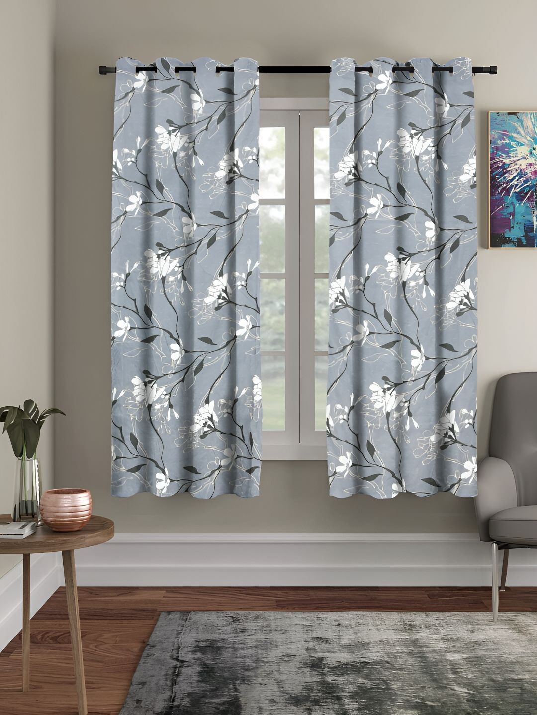 RRC Grey & White 2 Pieces Floral Room Darkening Door Curtain-picture-30