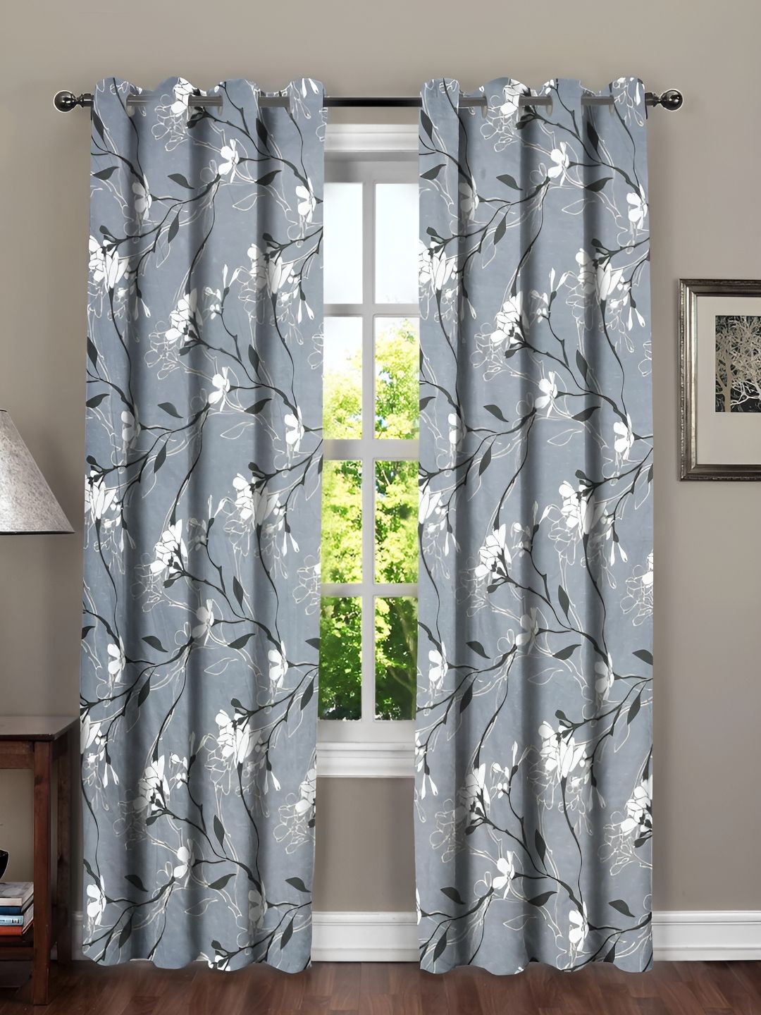 RRC Grey & White 2 Pieces Floral Room Darkening Long Door Curtain-image-49