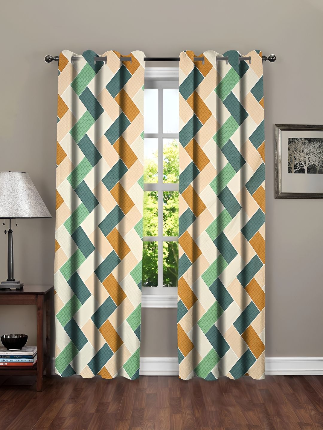 RRC Beige & Green 2 Pieces Striped Room Darkening Door Curtain-picture-52