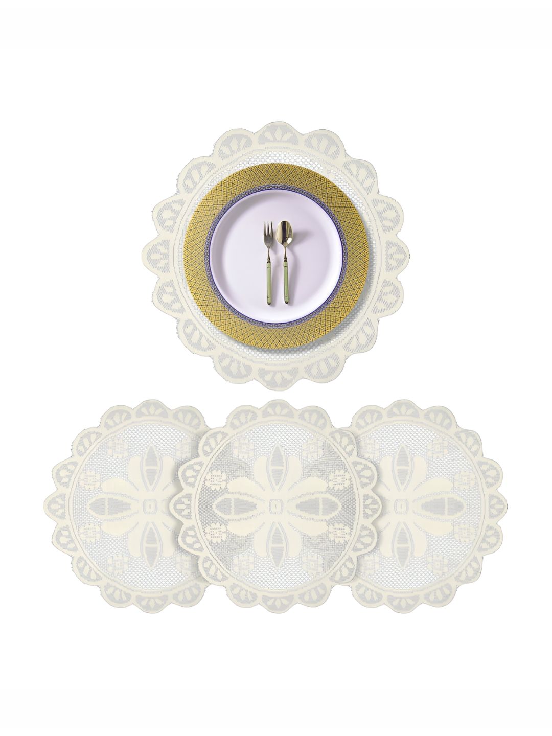 Kuber Industries White 4 Pieces Floral Cotton Round Table Placemats-picture-39