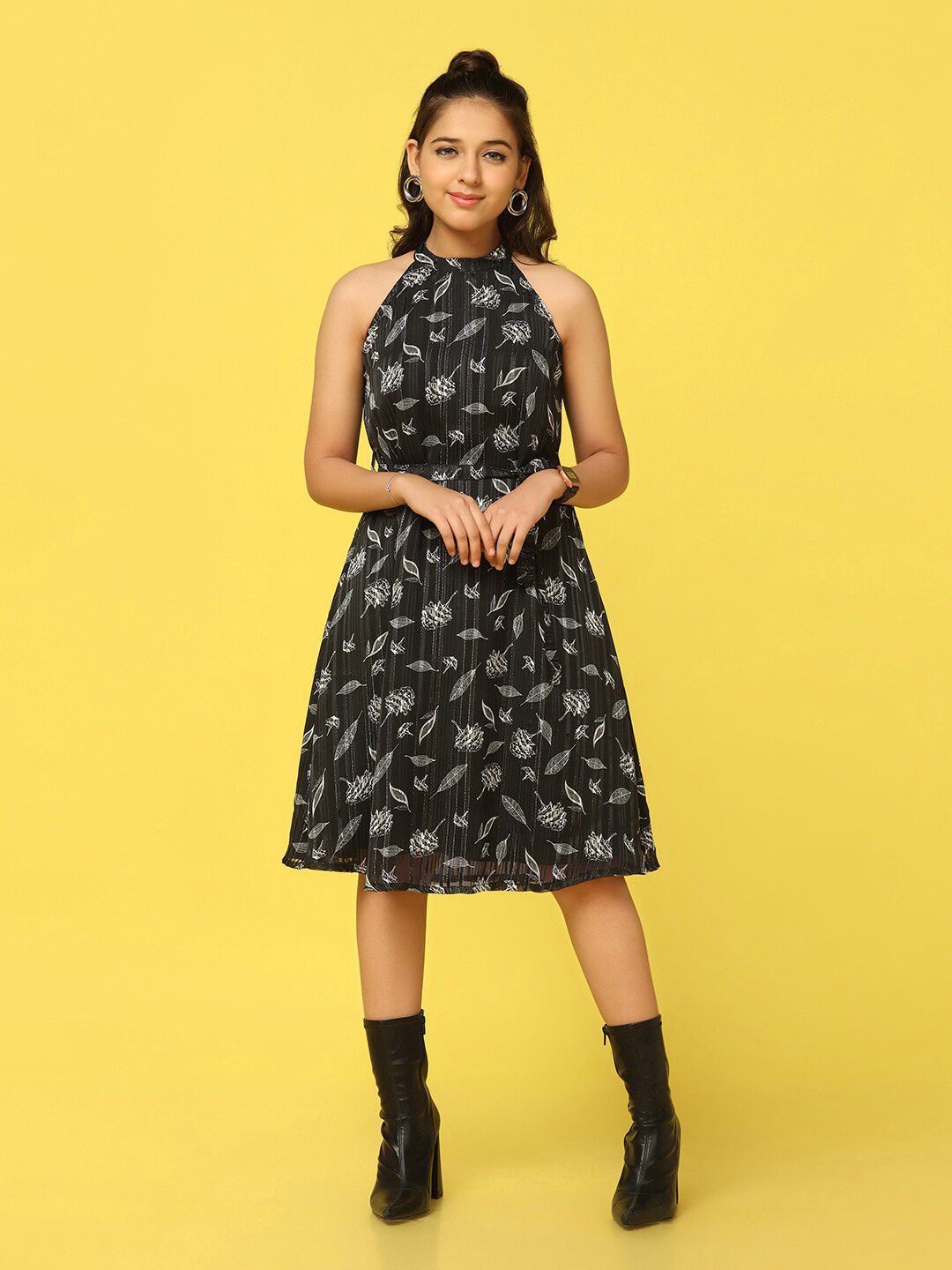 BAESD Halter Neck Floral Print Georgette Fit & Flare Dress-picture-23