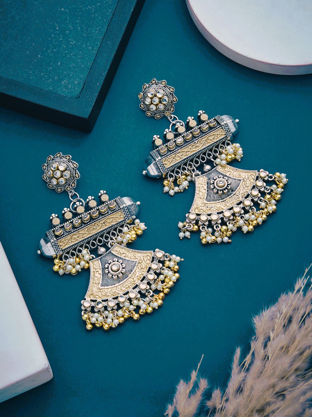 ATIBELLE Silver-Plated Kundan Classic Drop Earrings