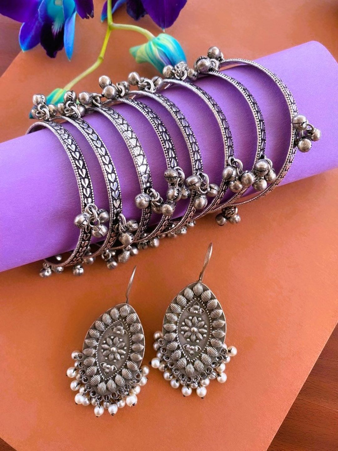 ATIBELLE German Silver Silver-Plated Ghungroo Detail Jewellery Set