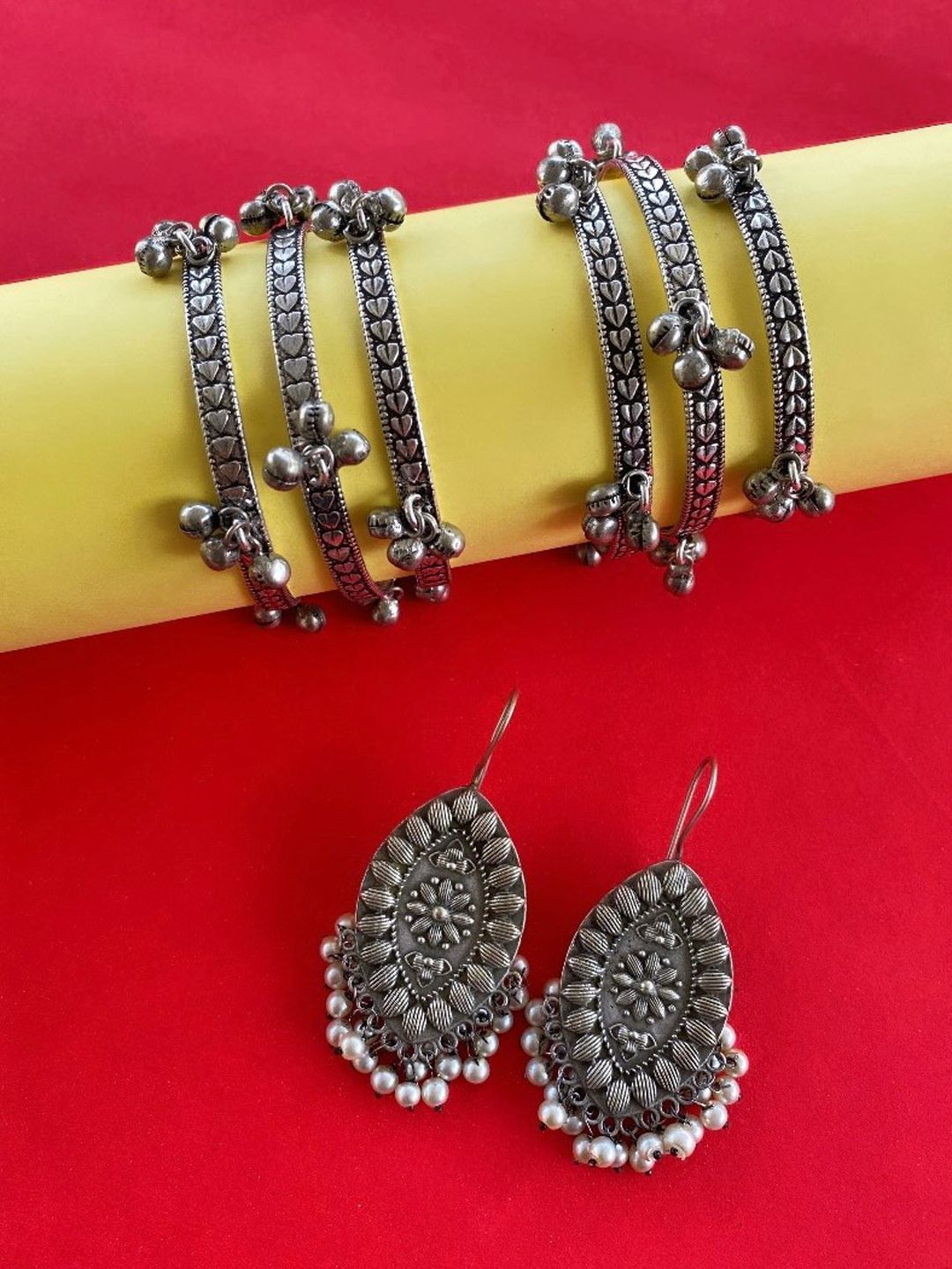 ATIBELLE German Silver Silver-Plated Ghungroo Detail Jewellery Set
