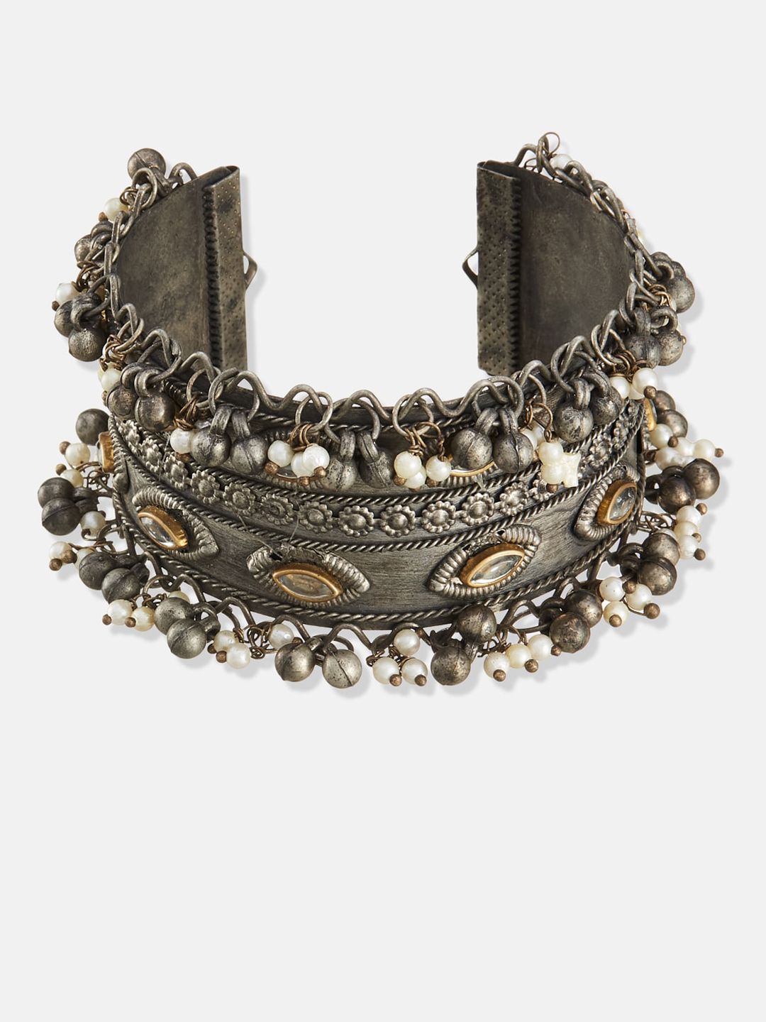 ATIBELLE German Silver Silver-Plated Kundan-Studded Ghungroo Detail Jewellery Set