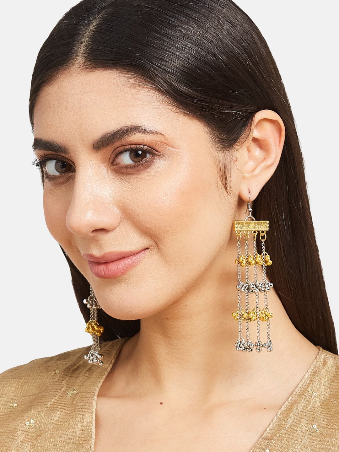 ATIBELLE Gold & Silver Plated & Ghunghroo Studded & Layered Drop Earrings