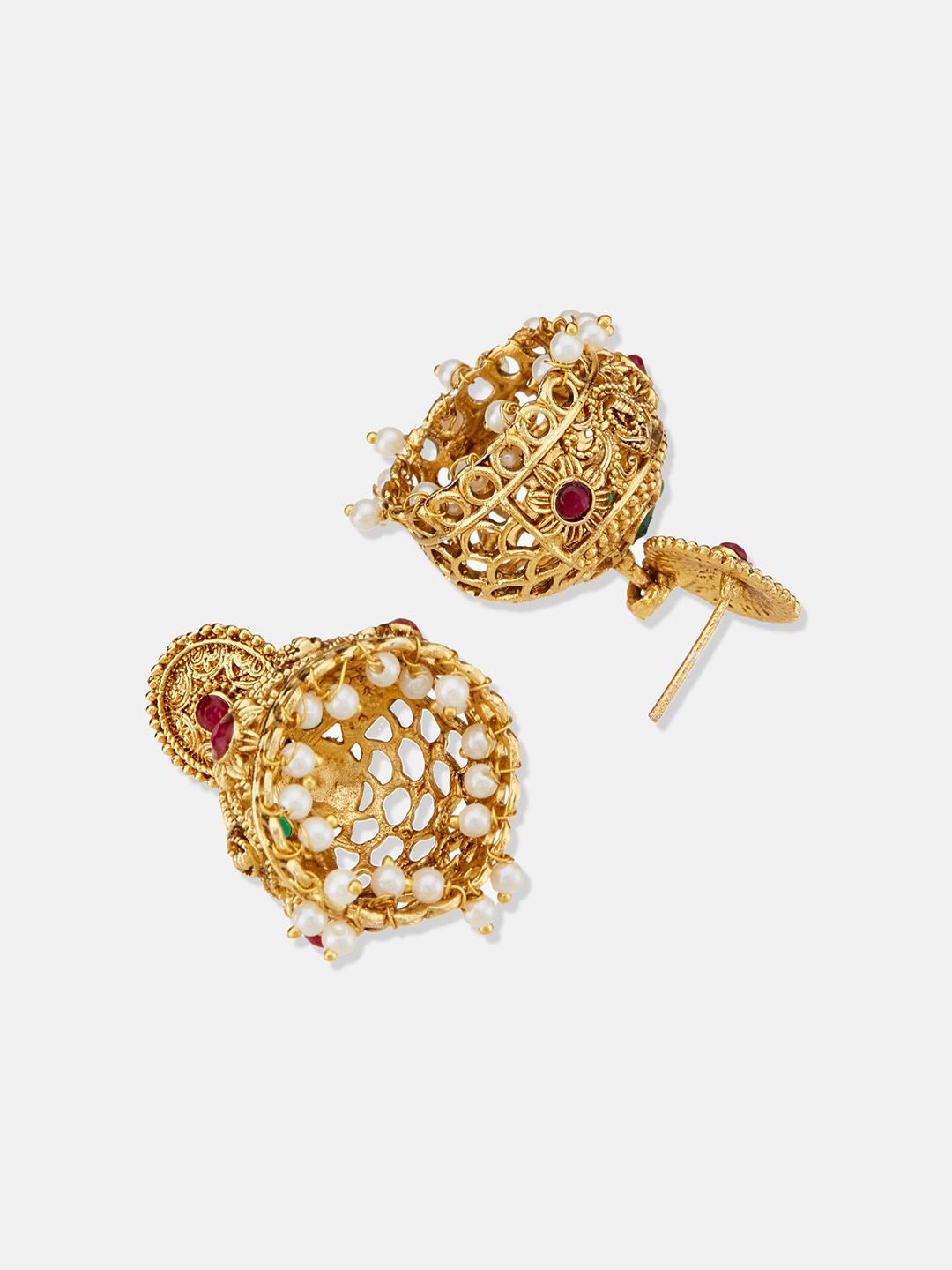 ATIBELLE Set Of 2 Gold-Plated Beaded & Stone Studded Dome Shaped Jhumkas with Earchain