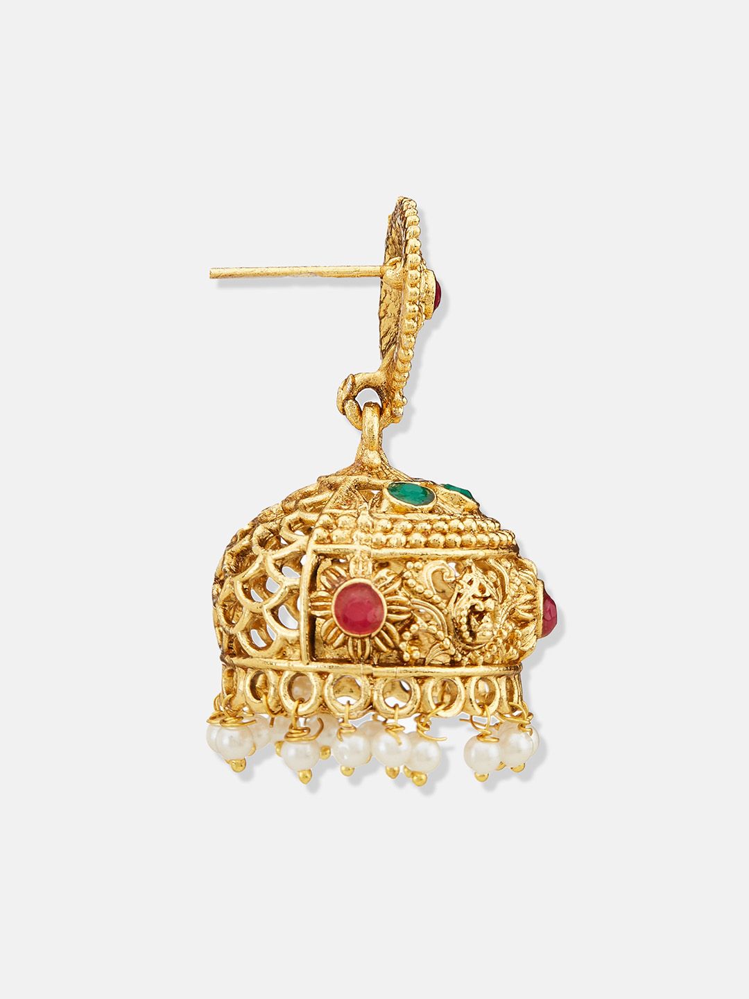 ATIBELLE Set Of 2 Gold-Plated Beaded & Stone Studded Dome Shaped Jhumkas with Earchain