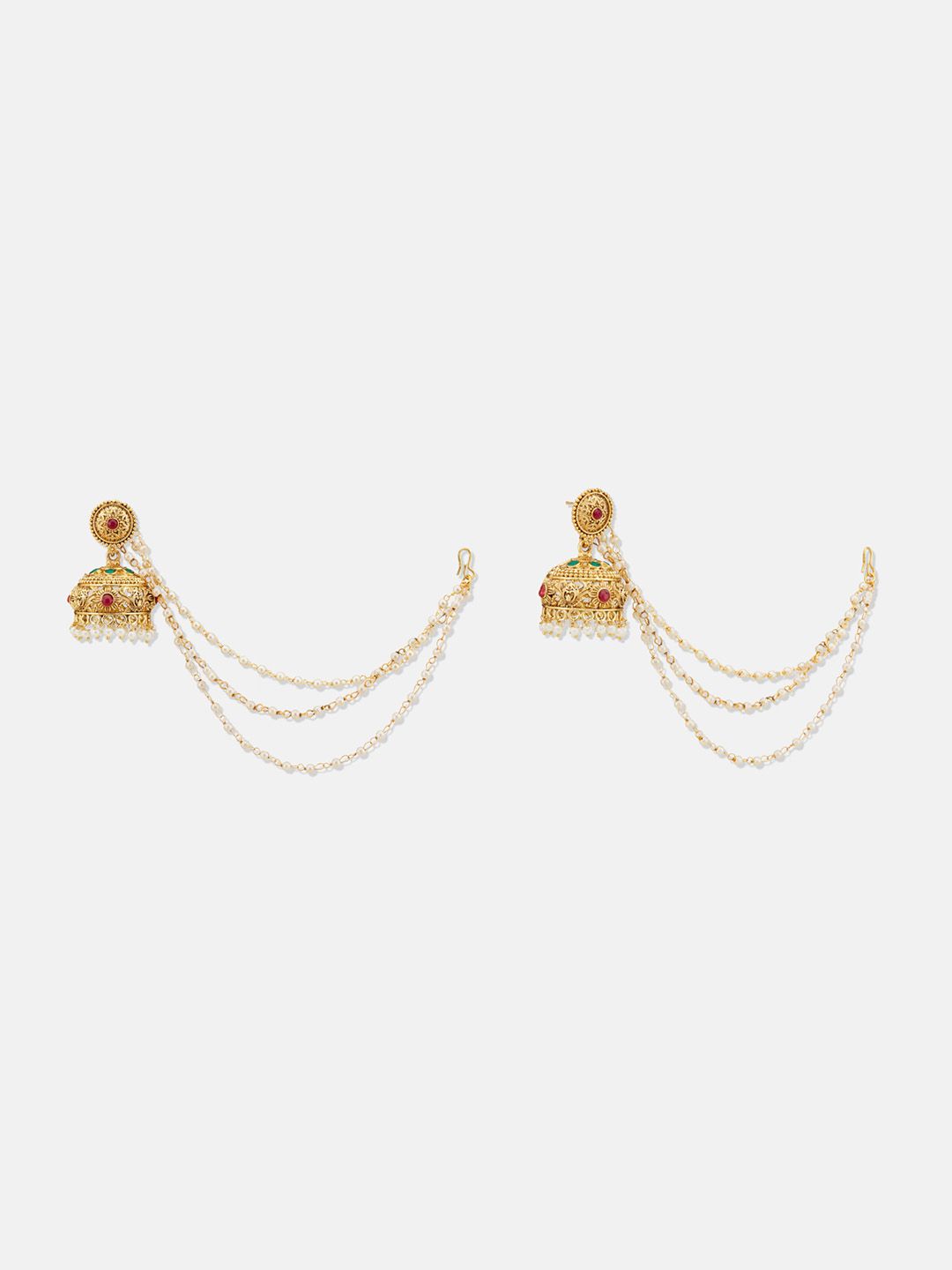ATIBELLE Set Of 2 Gold-Plated Beaded & Stone Studded Dome Shaped Jhumkas with Earchain