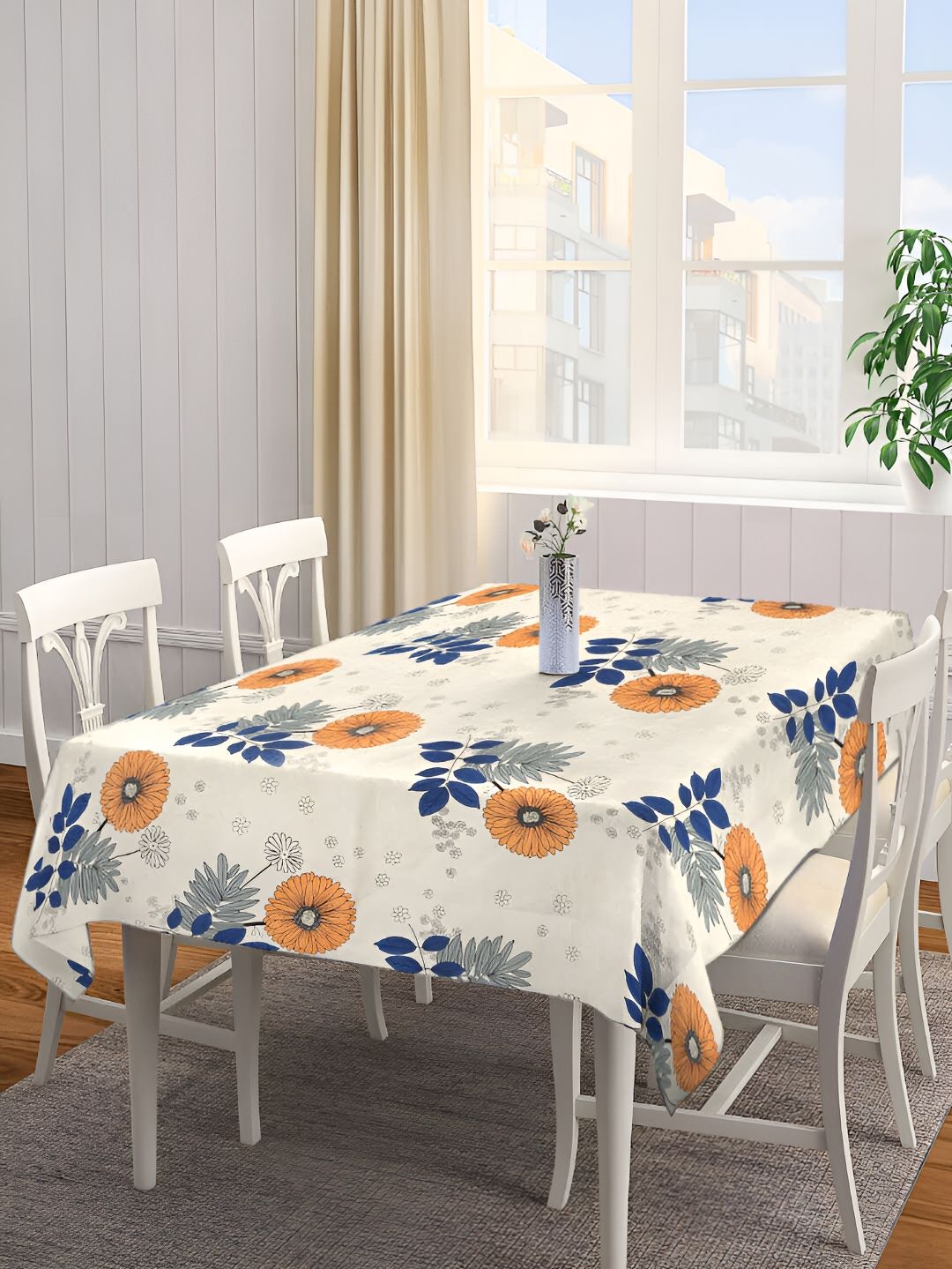 Arrabi Cream-Coloured & Blue Floral 8-Seater Table Cover-picture-46