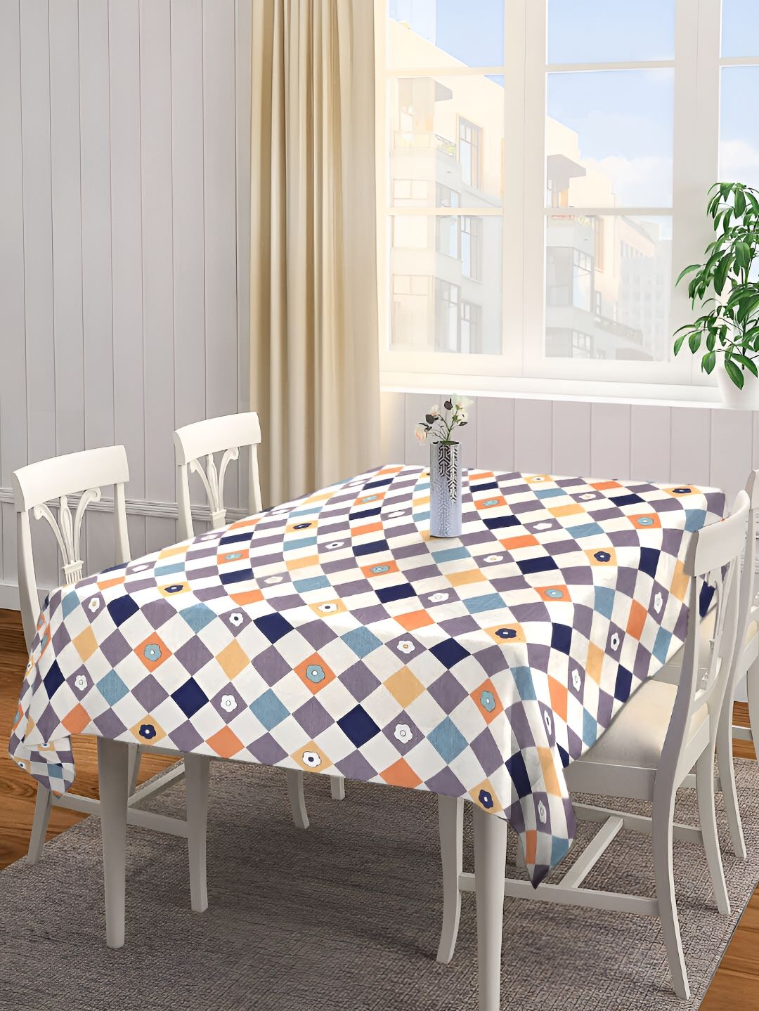Arrabi White Geometric Printed 6-Seater Table Cover-image-41