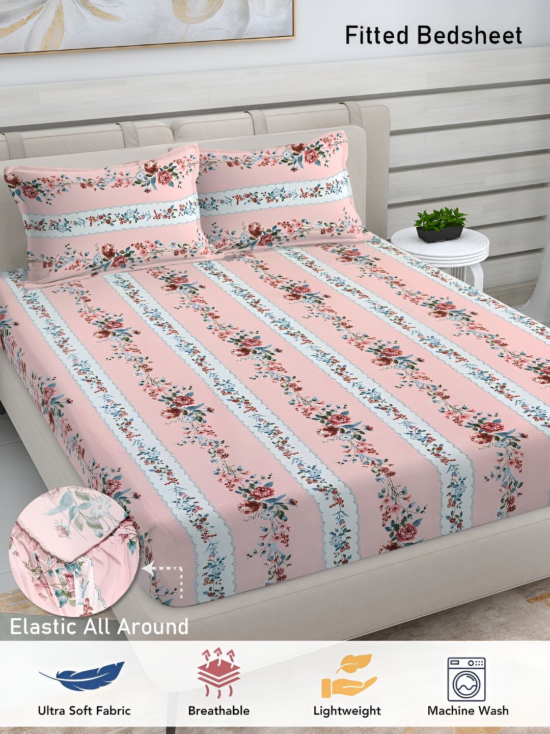 FABINALIV Pink & White Floral 300 TC King Bedsheet with 2 Pillow Covers-picture-28
