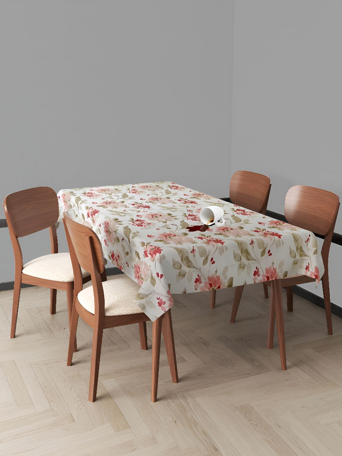 Trance Home Linen Pink & White Floral Printed Waterproof Cotton Rectangle Table Cover-picture-4