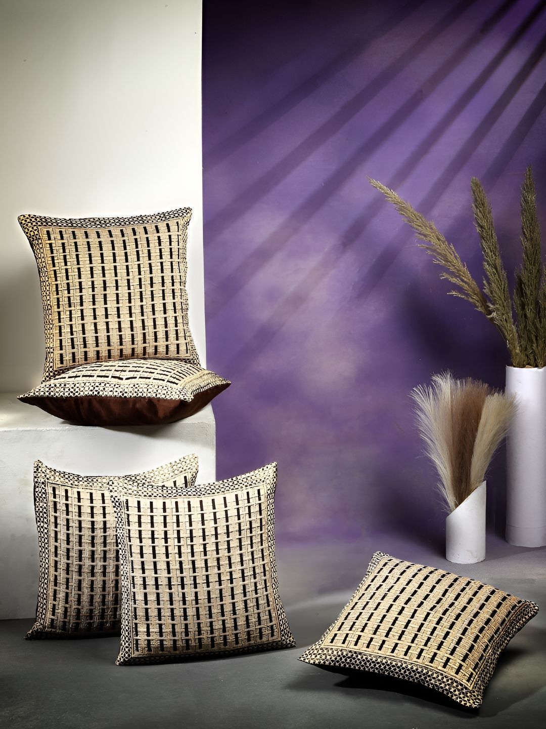 ERIC LONDON Brown 5 Pieces Geometric Square Cushion Covers-image-8