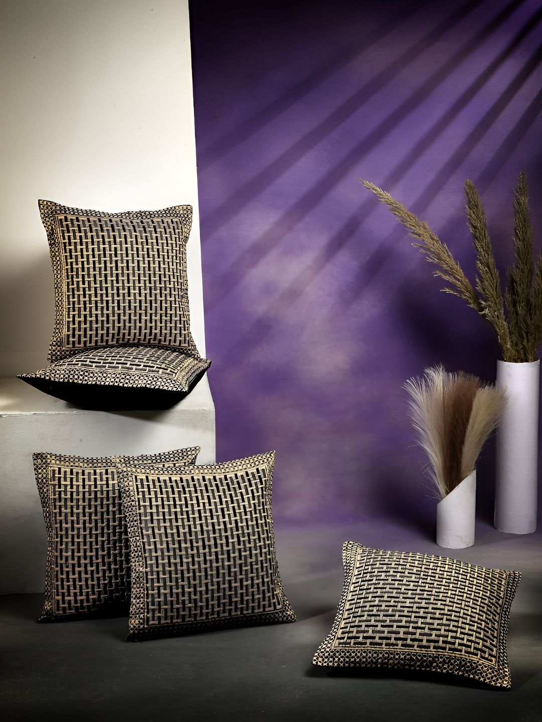 ERIC LONDON Grey 5 Pieces Geometric Square Cushion Covers-picture-46