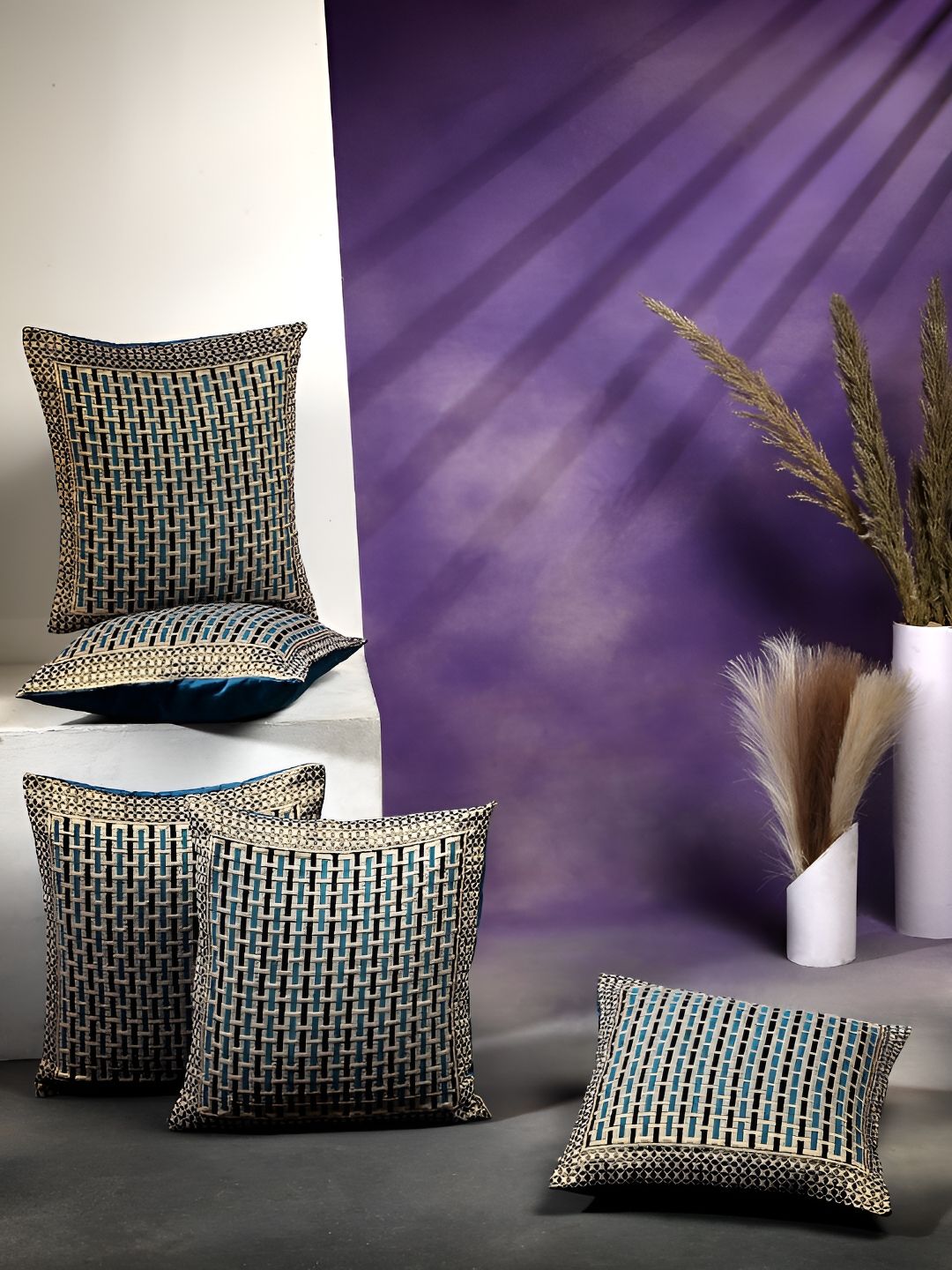 ERIC LONDON Blue 5 Pieces Geometric Square Cushion Covers-picture-37
