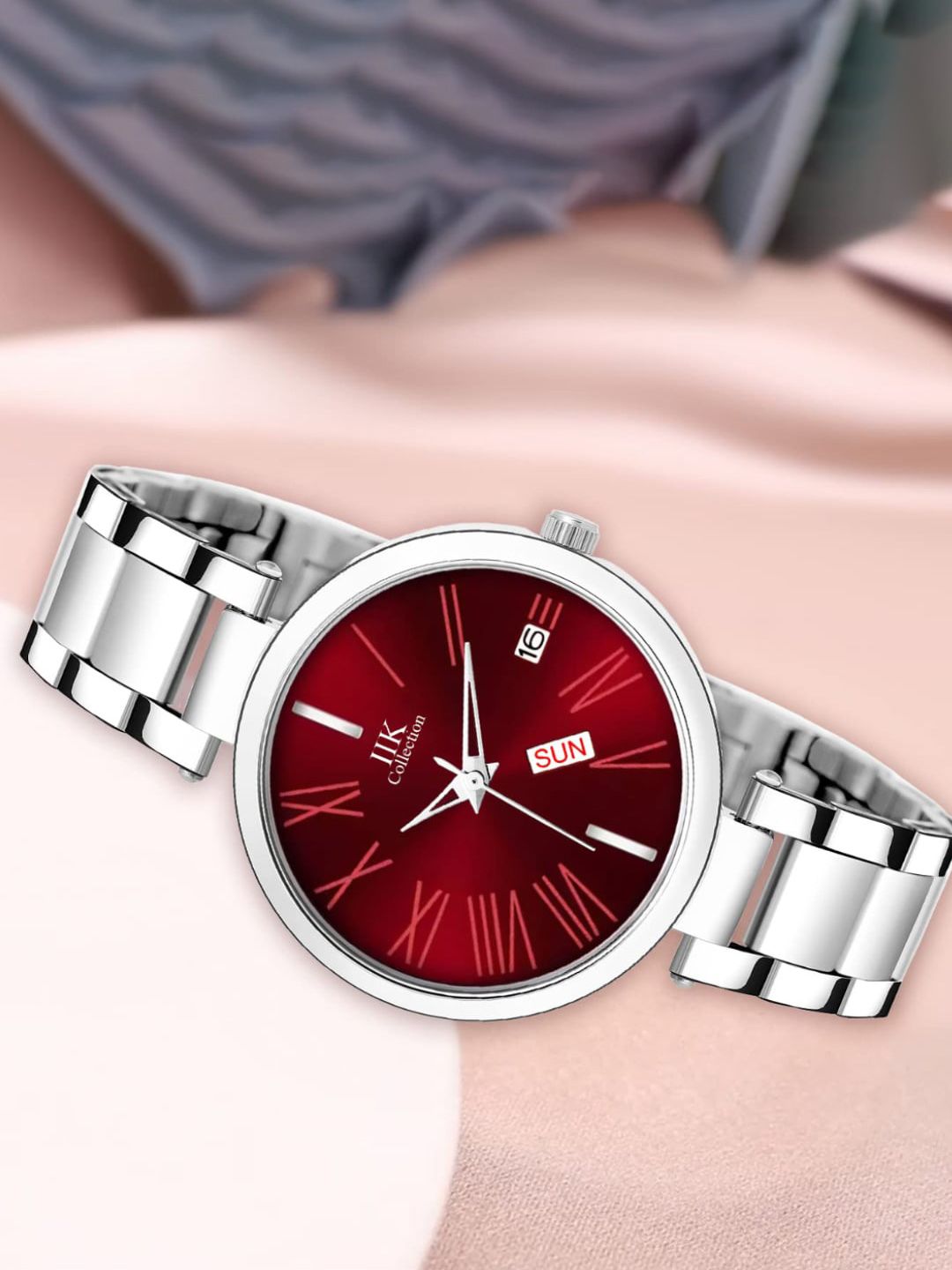 IIK Collection Women Round Dial Day & Date Stainless Steel Bracelet Strap