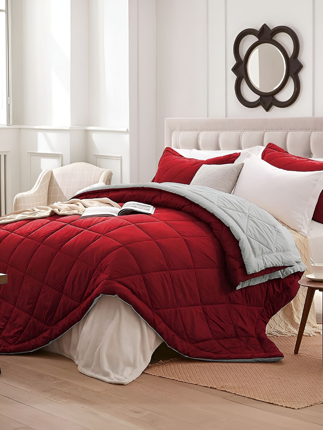 Aura Red & Grey Microfiber AC Room 150 GSM Double Bed Quilt-image-24