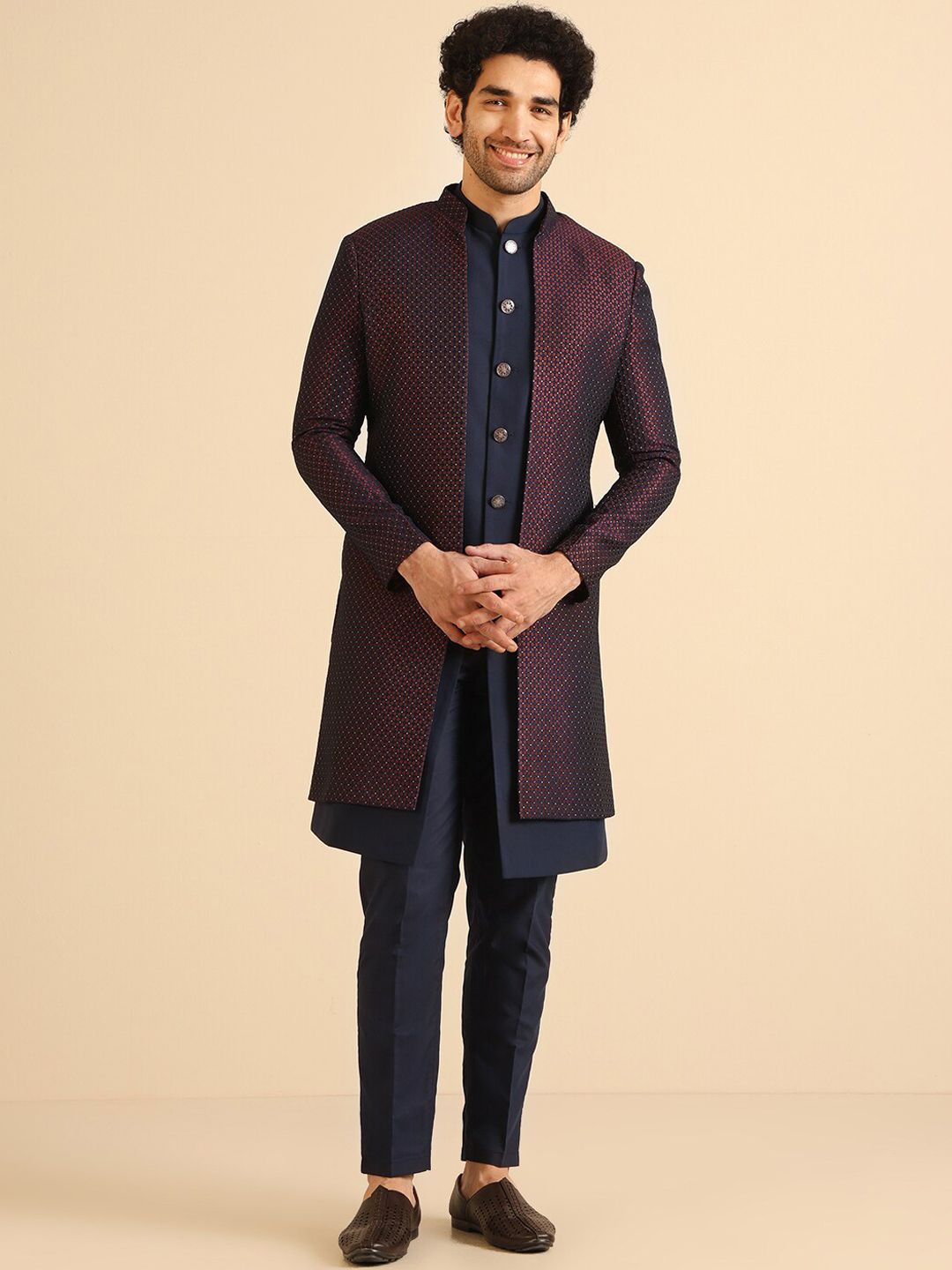 KISAH Mandarin Collar Silk Sherwani with Trouser Set-image-43