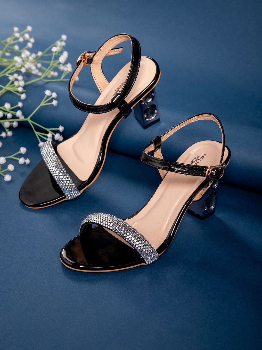 Truffle Collection Embellished Open Toe Backstrap Block Heels-picture-22