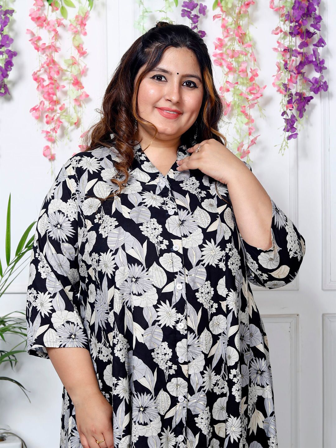 KALINI Floral Printed Mandarin Collar Flared Above Length A-Line Dress-picture-12