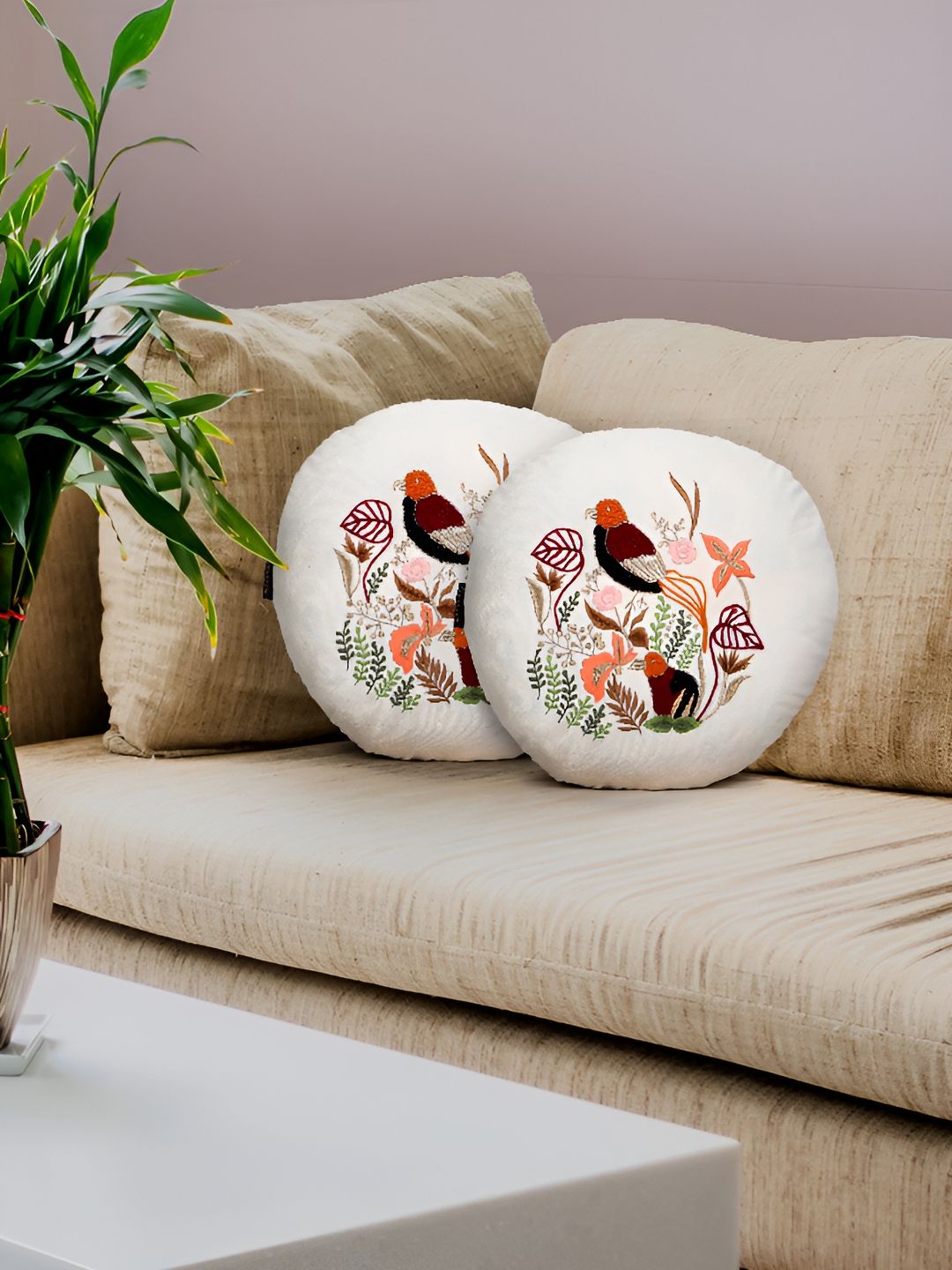 MEZPOSH Set Of 2 Multicloured Embroidered Round Cushion Covers-image-4