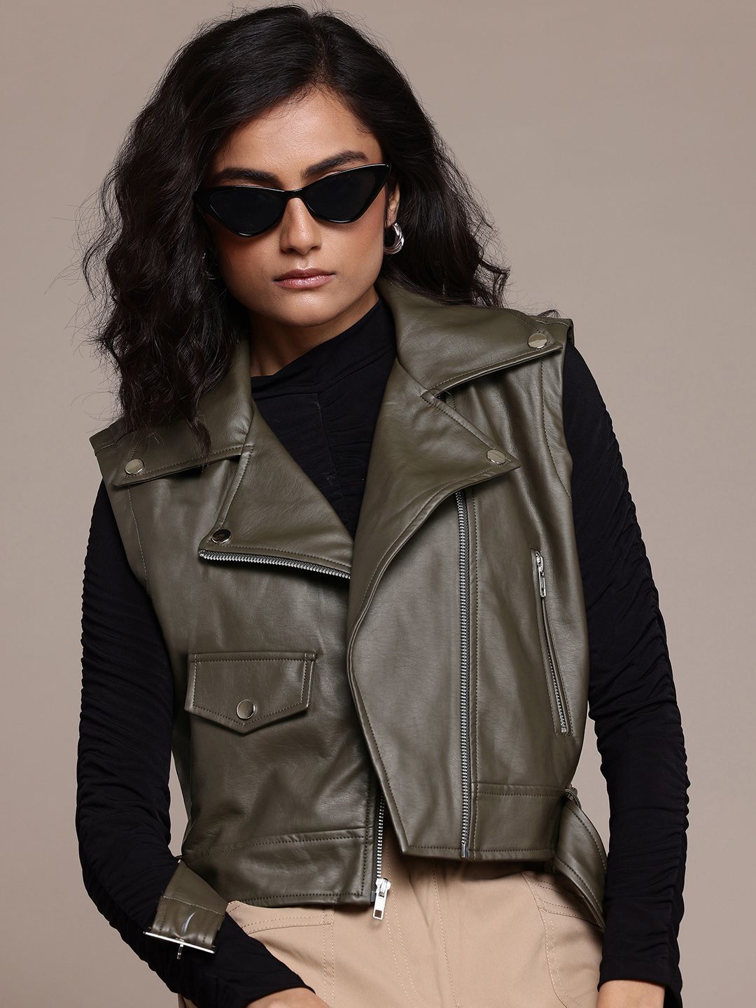 The Roadster Lifestyle Co. Faux Leather Sleeveless Biker Jacket with Belt