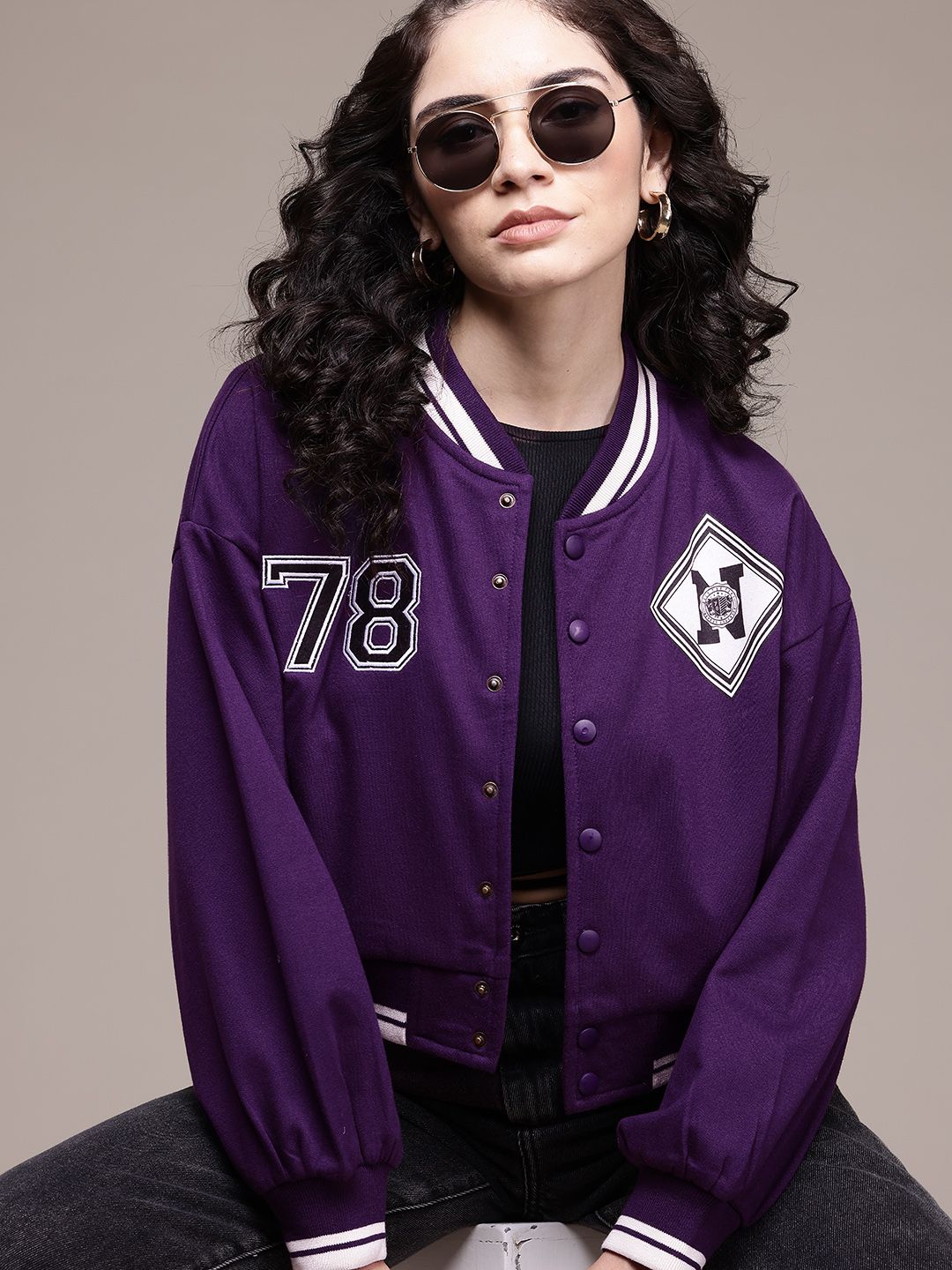 The Roadster Lifestyle Co. Printed Crop Varsity Jacket