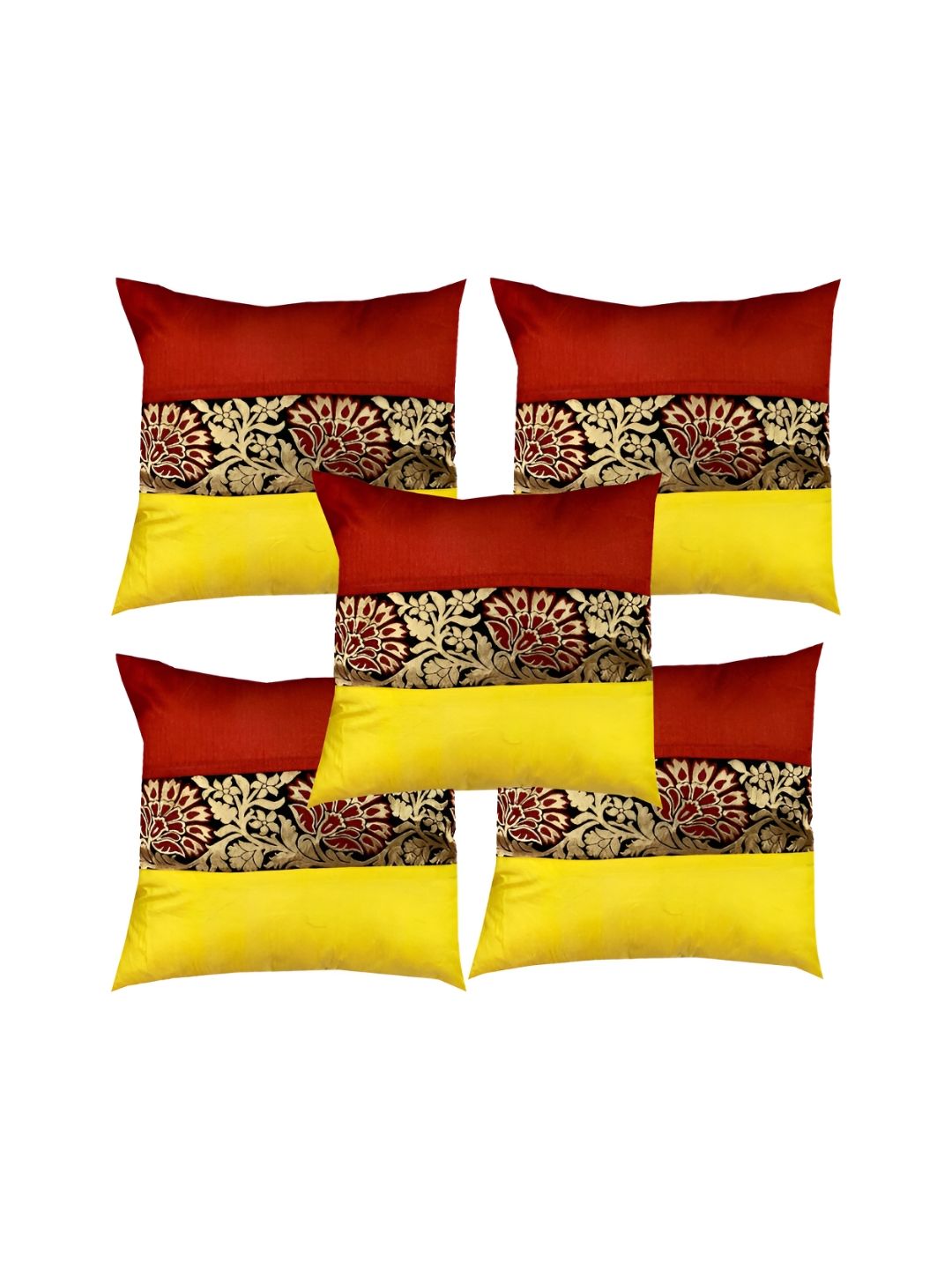 Pink Parrot Red & Yellow 5 Pcs Floral Square Cushion Covers-picture-20