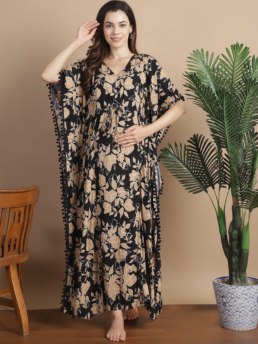 Secret Wish Floral Printed V-Neck Maxi Maternity Kaftan Nightdress-picture-30