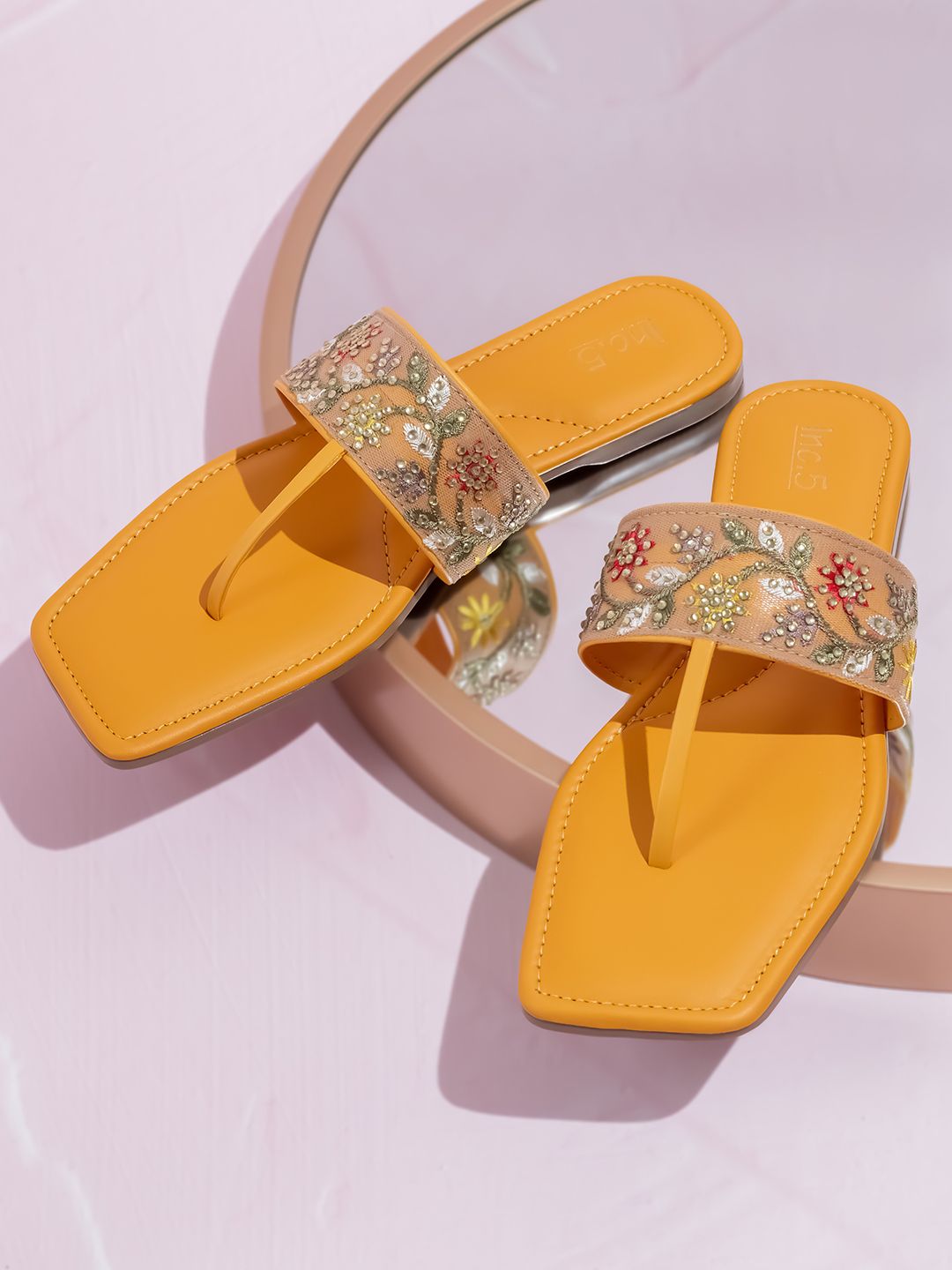 Inc 5 Embroidered Open Toe T-Straps Flats-picture-13