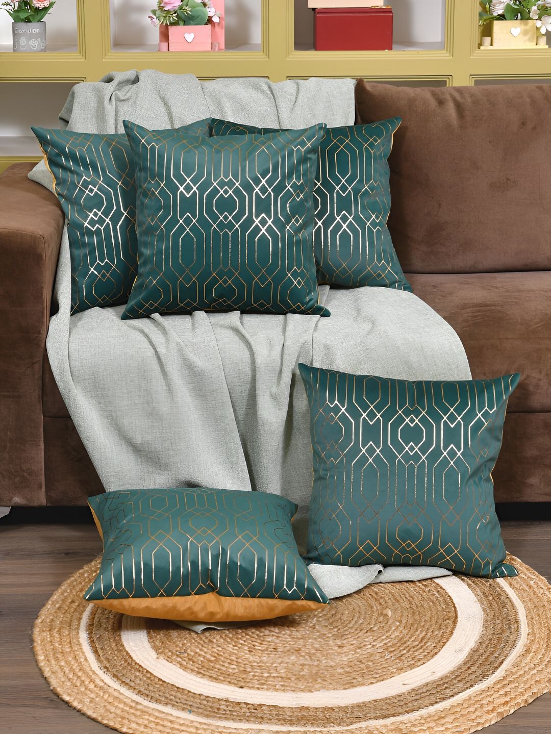Clasiko Green & Gold-Toned 5 Pcs Geometric Velvet Square Cushion Covers-image-1