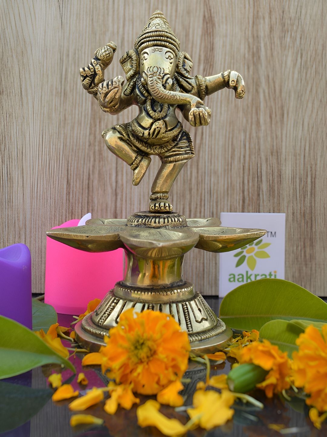 Aakrati Gold Toned Dancing Ganesha Brass Diyas-picture-13