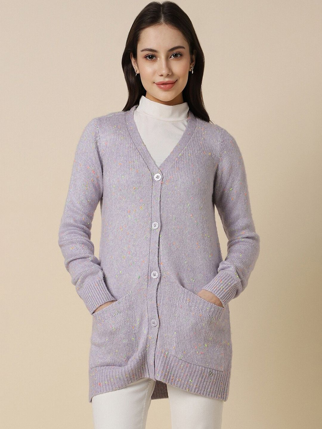 Allen Solly Woman Striped V-Neck Pure Acrylic Longline Cardigan-picture-32