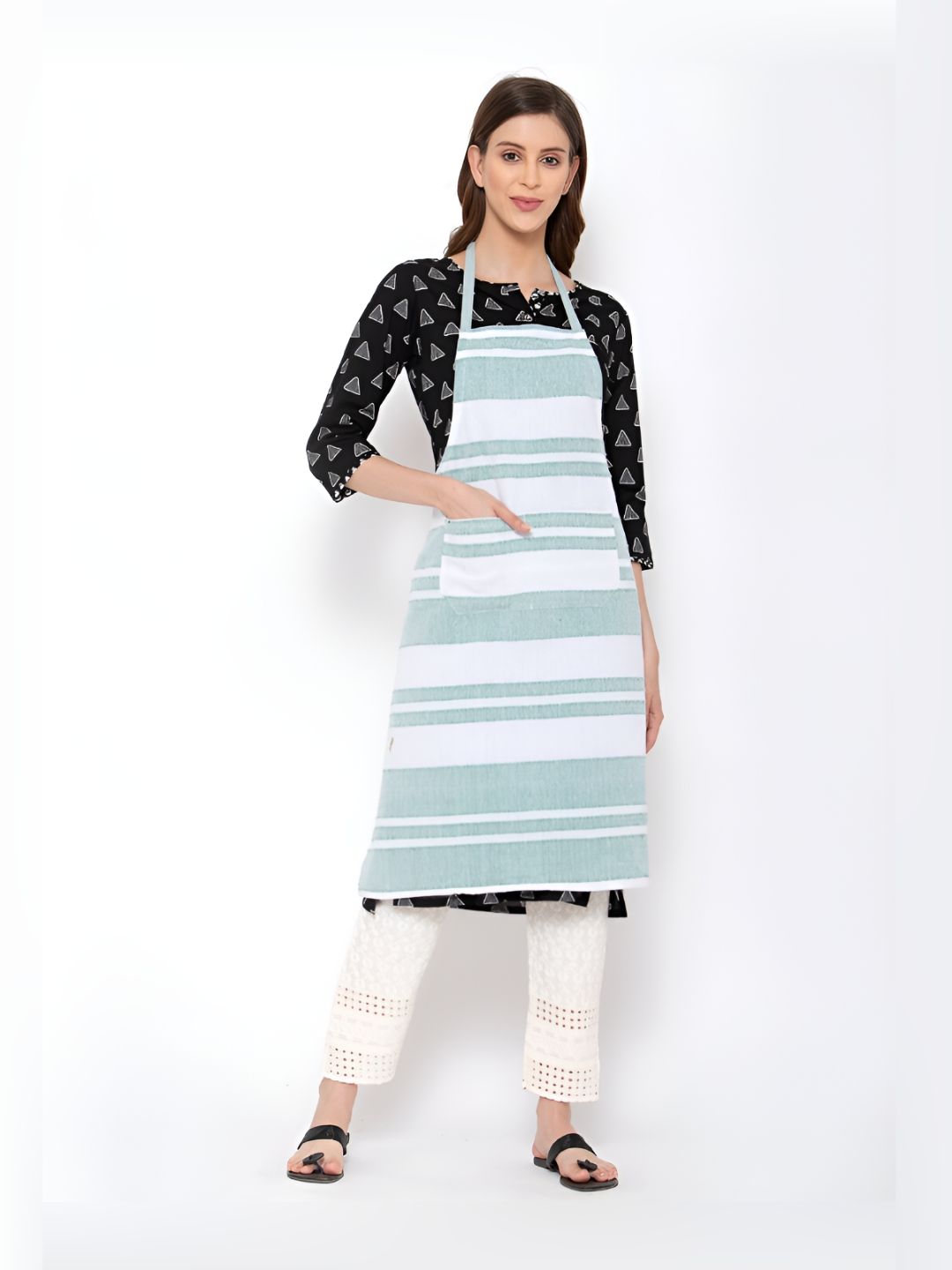 KLOTTHE Green & White Unisex Woven Design Cotton 400 TC Apron-image-16
